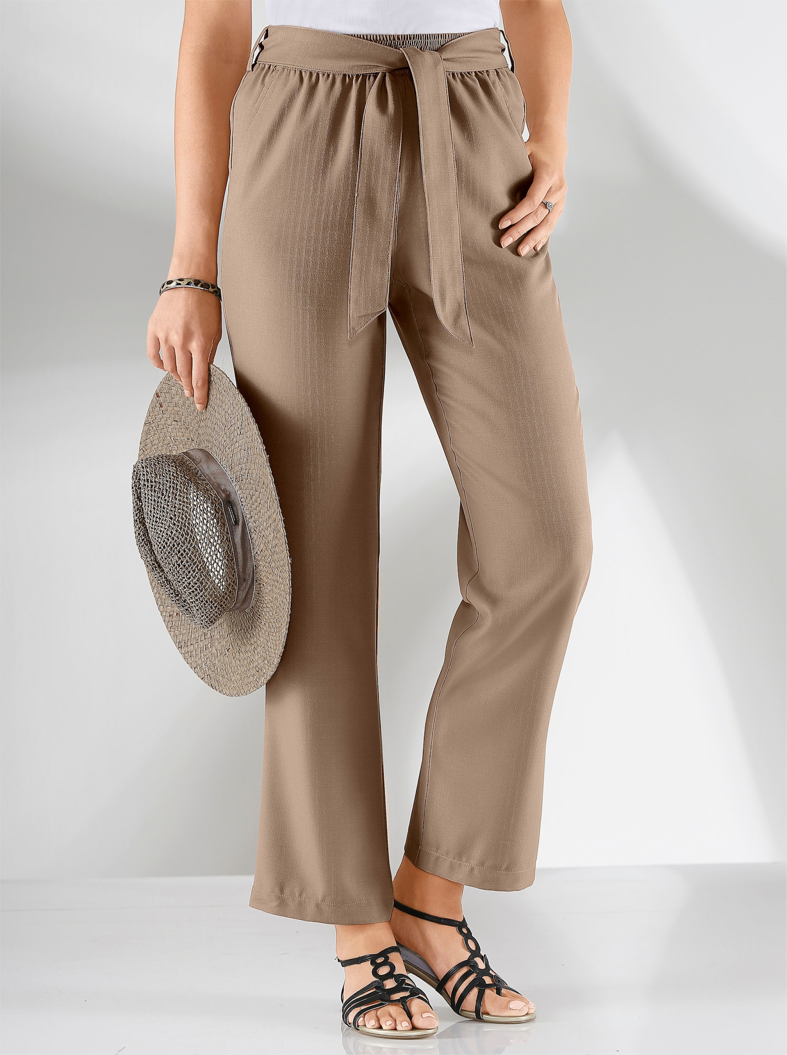 Kalhoty Palazzo s páskem na zavázání - taupe