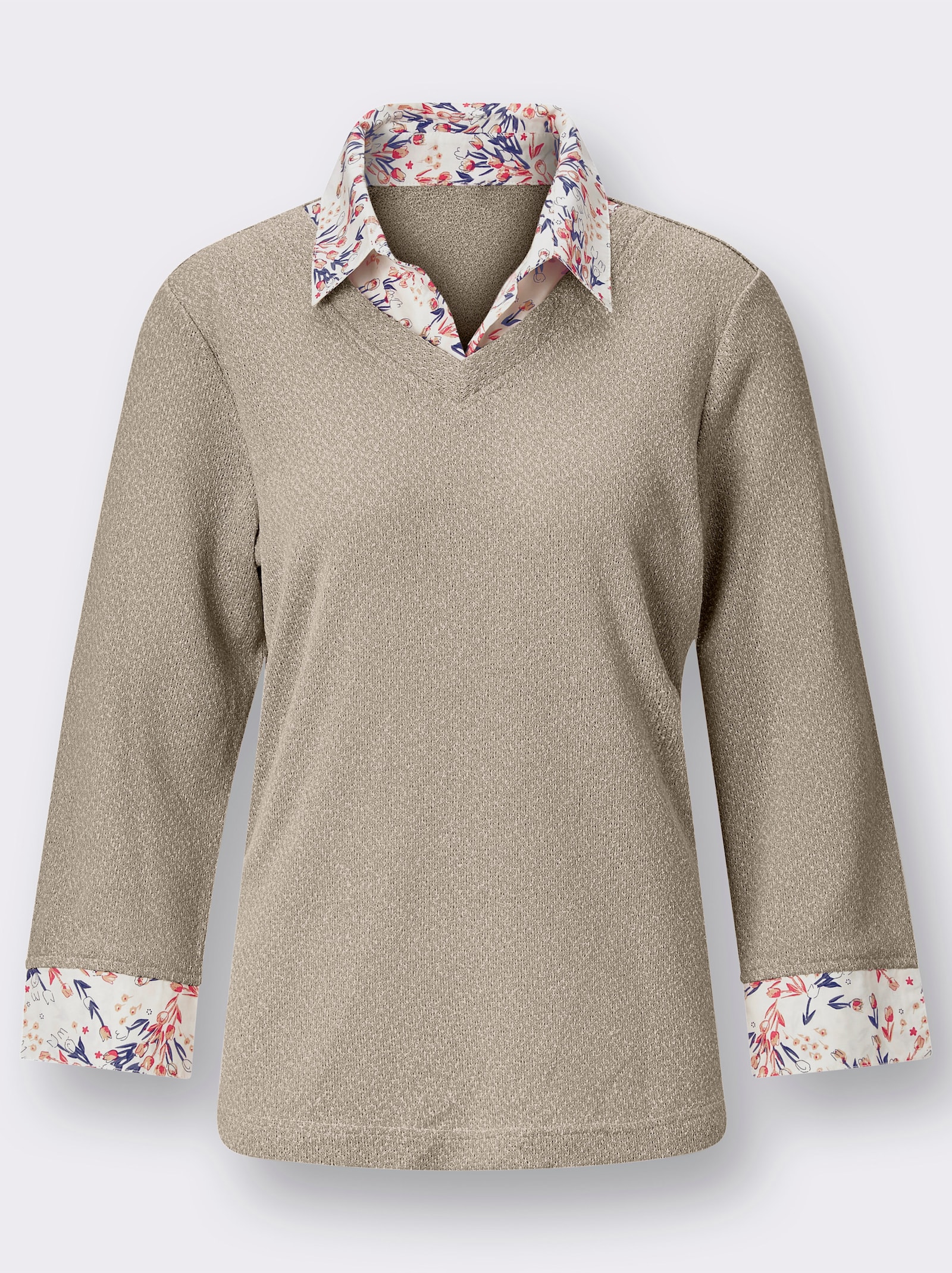 2-in-1-Shirt aus Bouclé, mit Blusenstoff - sand-meliert