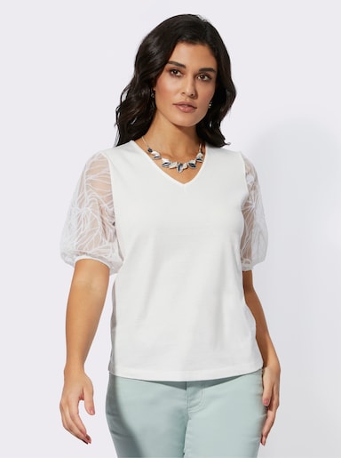Kurzarmshirt mit transparenten Puffärmeln - ecru