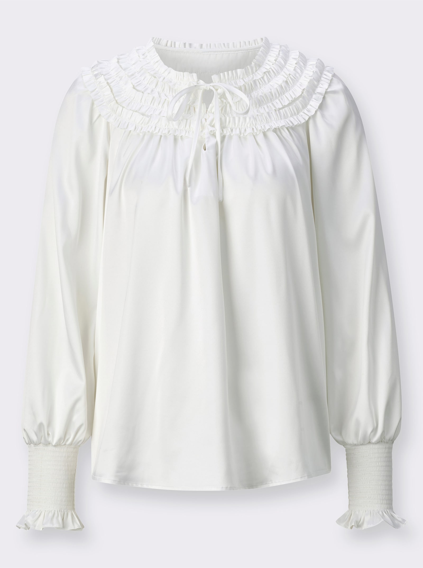 Satinbluse mit aufgenähten Rüschen-Bändern - ecru