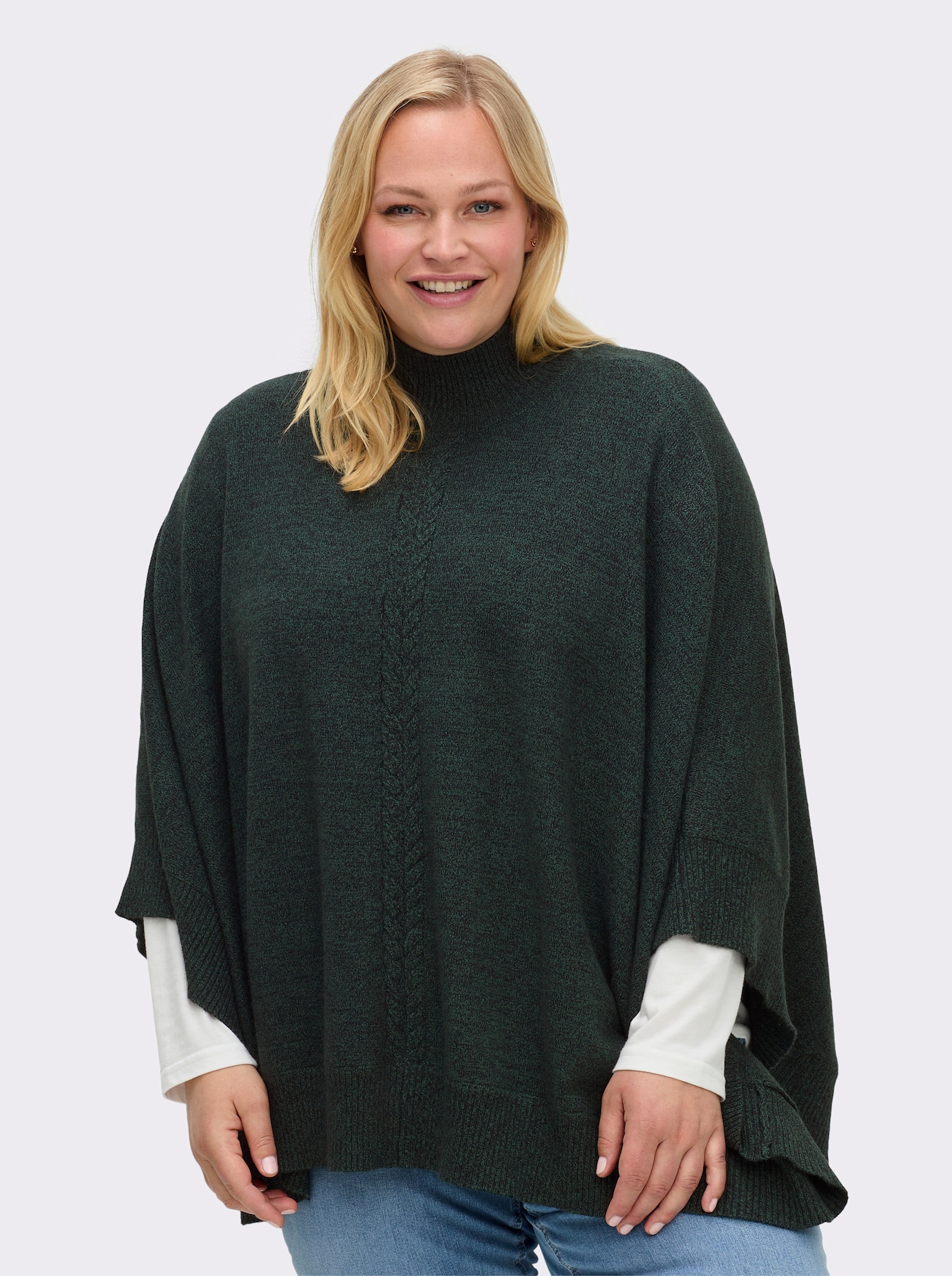 sheego Strickponcho mit Zopfmuster - moos-meliert
