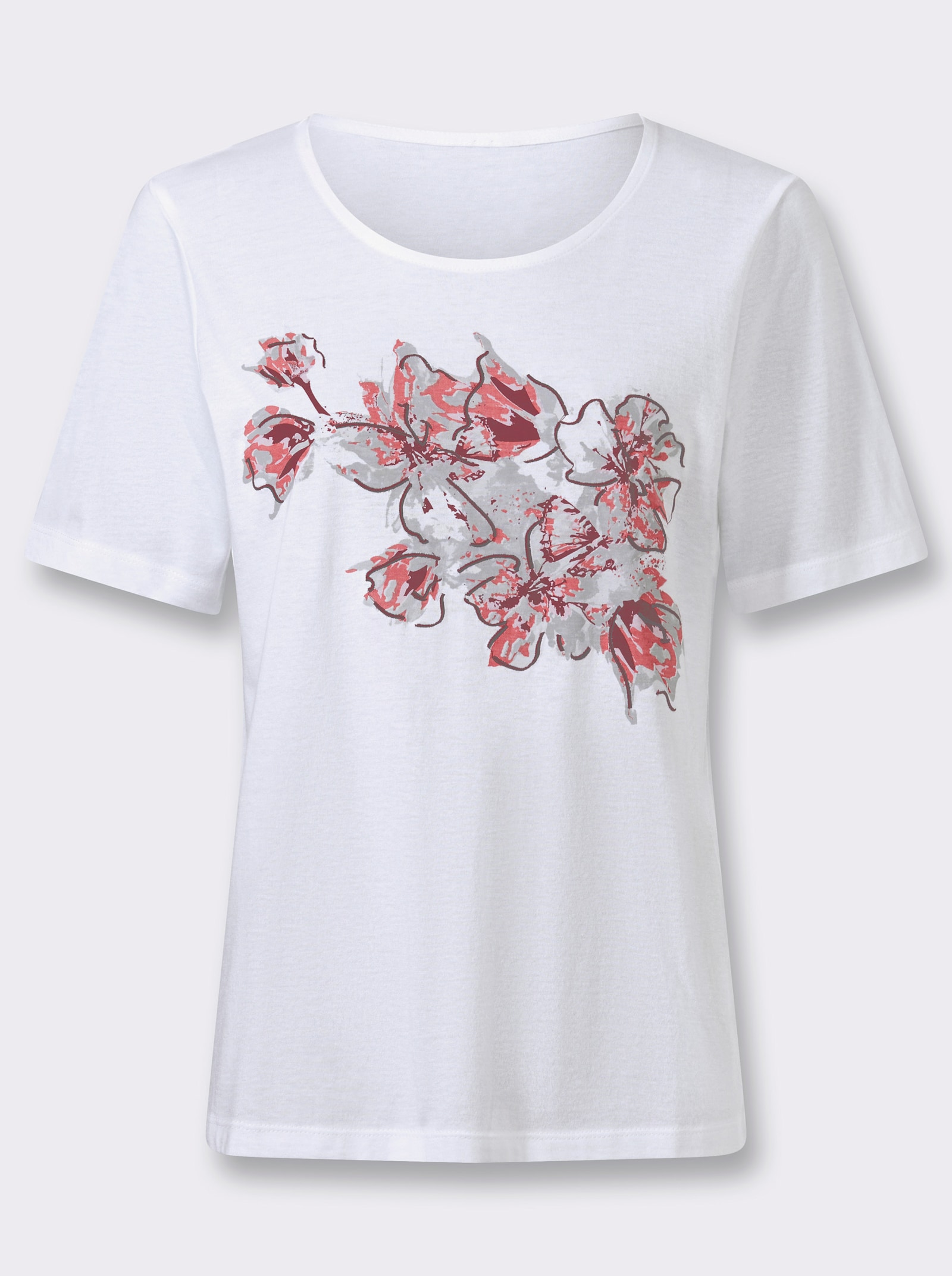 Kurzarmshirt im Modal-Mix - ecru-koralle-bedruckt