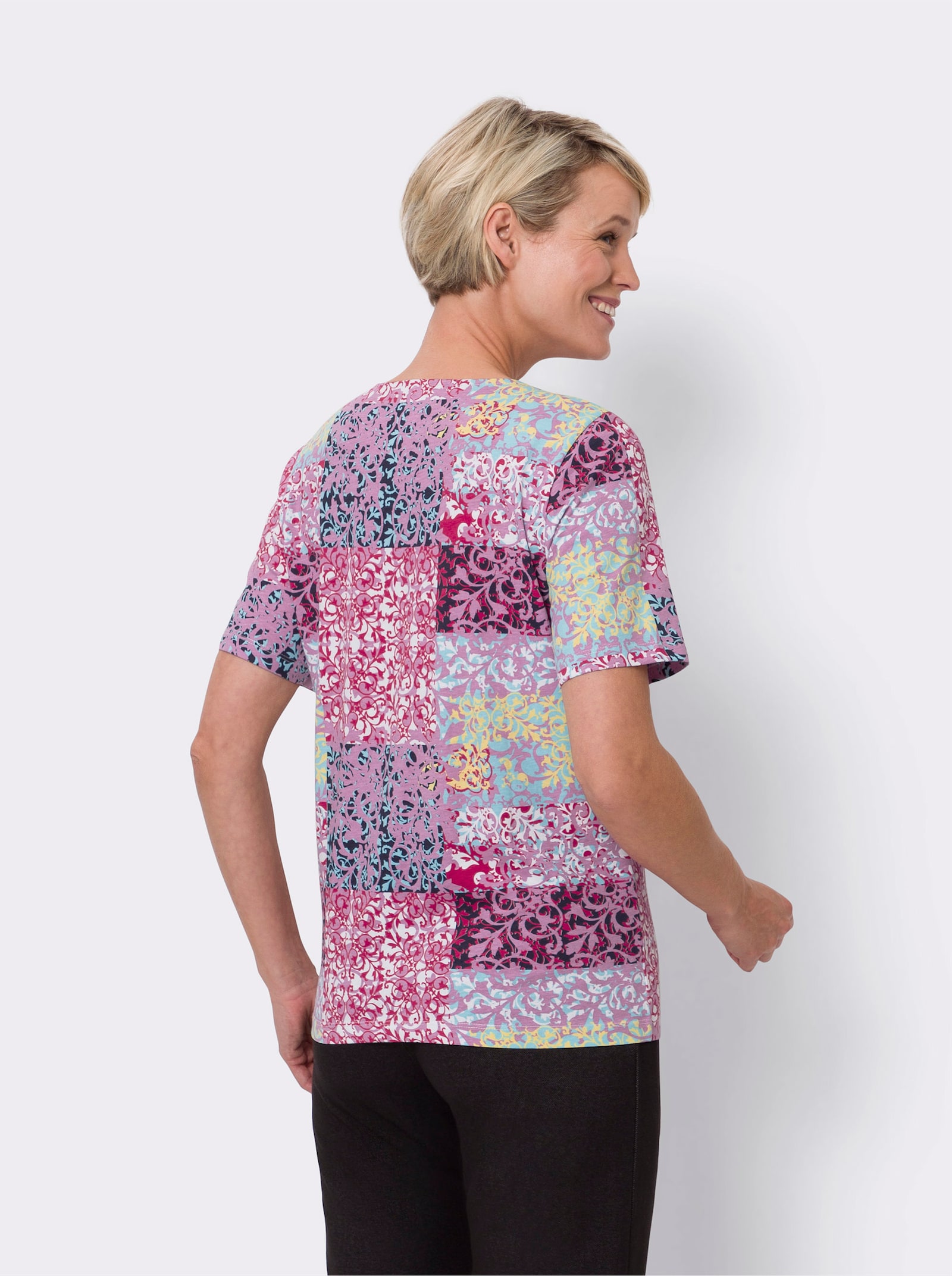 Kurzarmshirt mit Patchwork-Druck - pink-zitrone-bedruckt