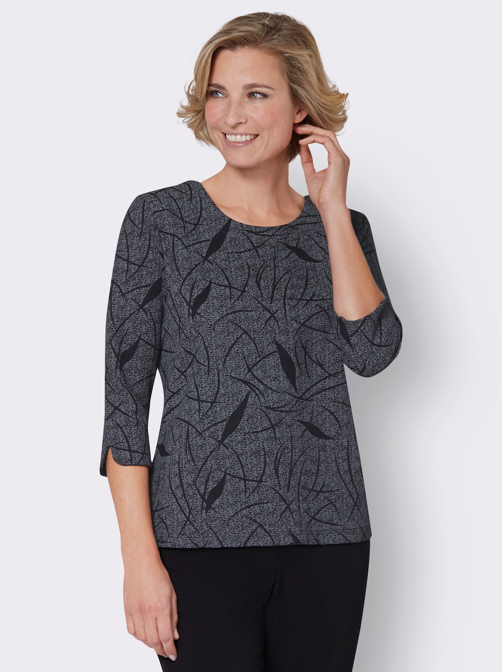 3/4-Arm-Shirt in Sweat-Qualität - steingrau-schwarz-gemustert