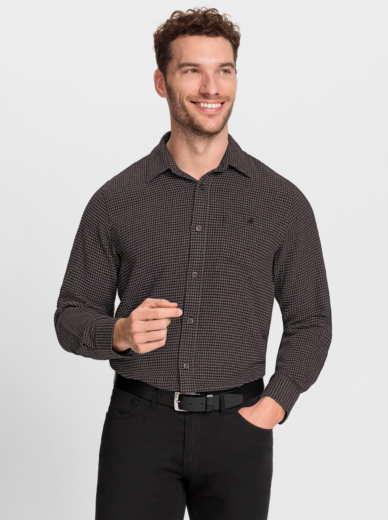Marco Donati Flanellhemd mit wärmender Wolle - dunkeltaupe-schwarz-gemustert