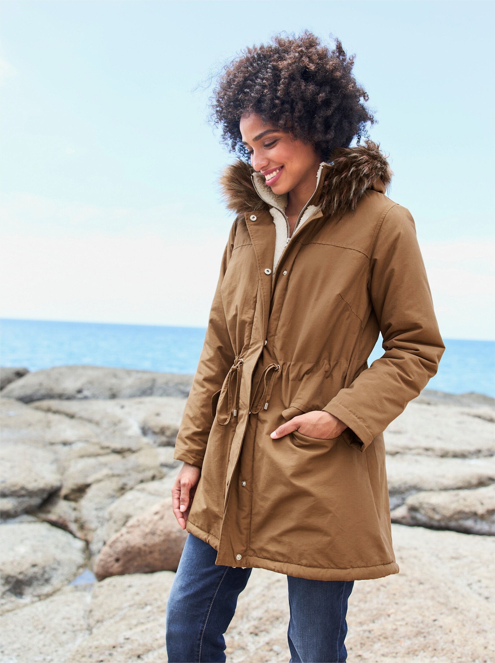 heine Outdoorjacke mit Teddyfleece-Futter - braun