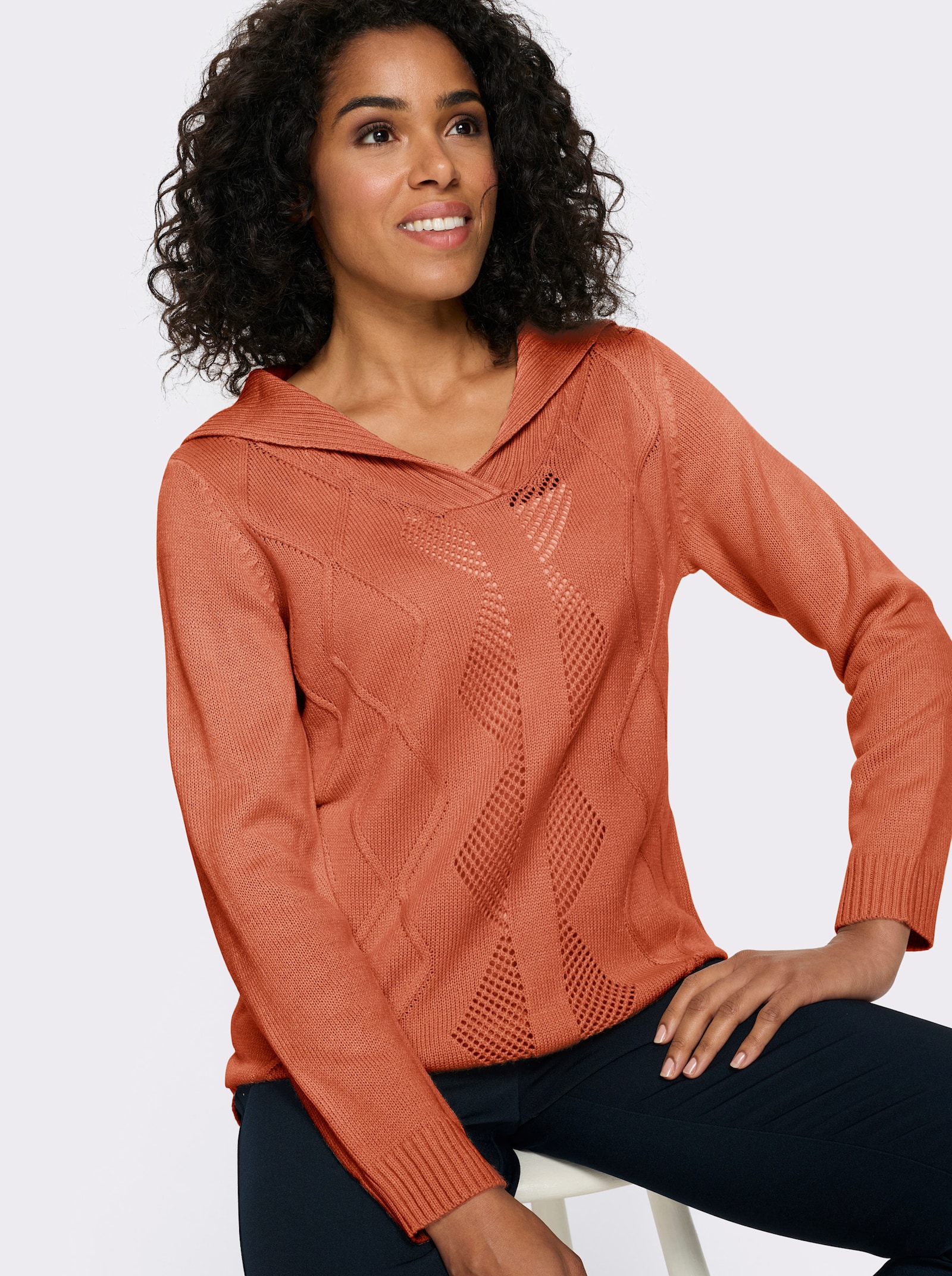 Pullover met lange mouwen en platte kraag - papaya