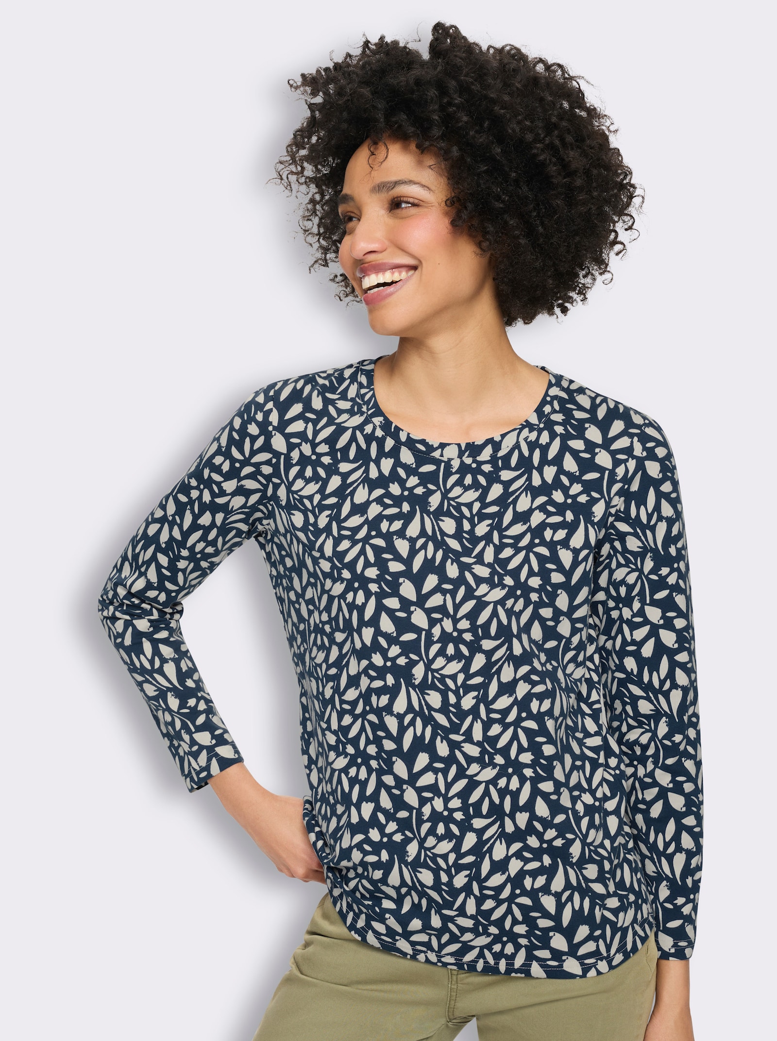 heine Langarmshirt mit Blätter-Dessin - dunkelblau-champagner-bedruckt