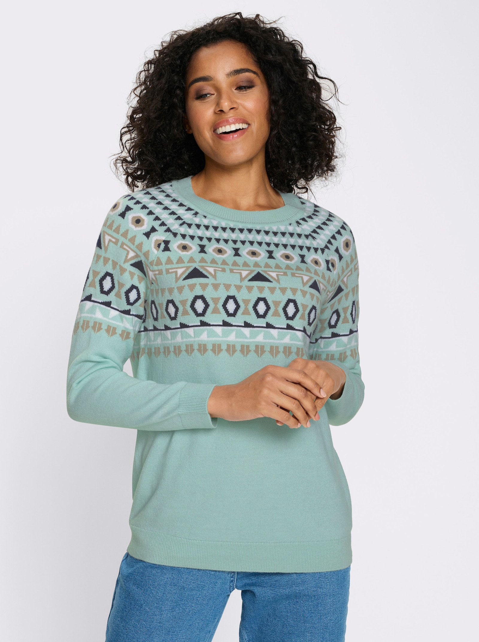 Noorse trui met raglanmouwen - mint/ecru gedessineerd