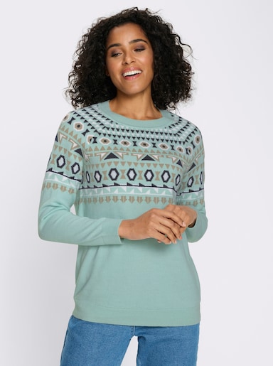 Noorse trui met raglanmouwen - mint/ecru gedessineerd
