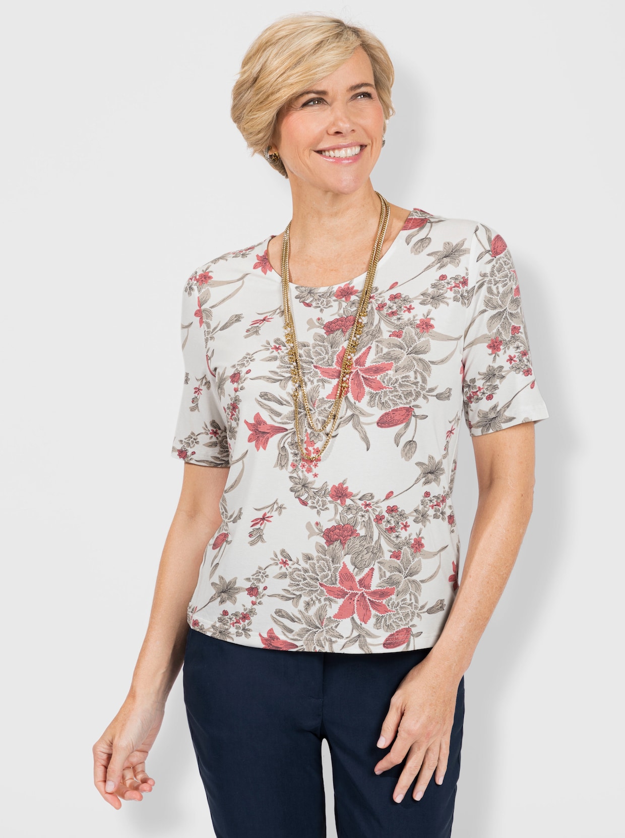 Rundhalsshirt - flamingo-ecru-bedruckt