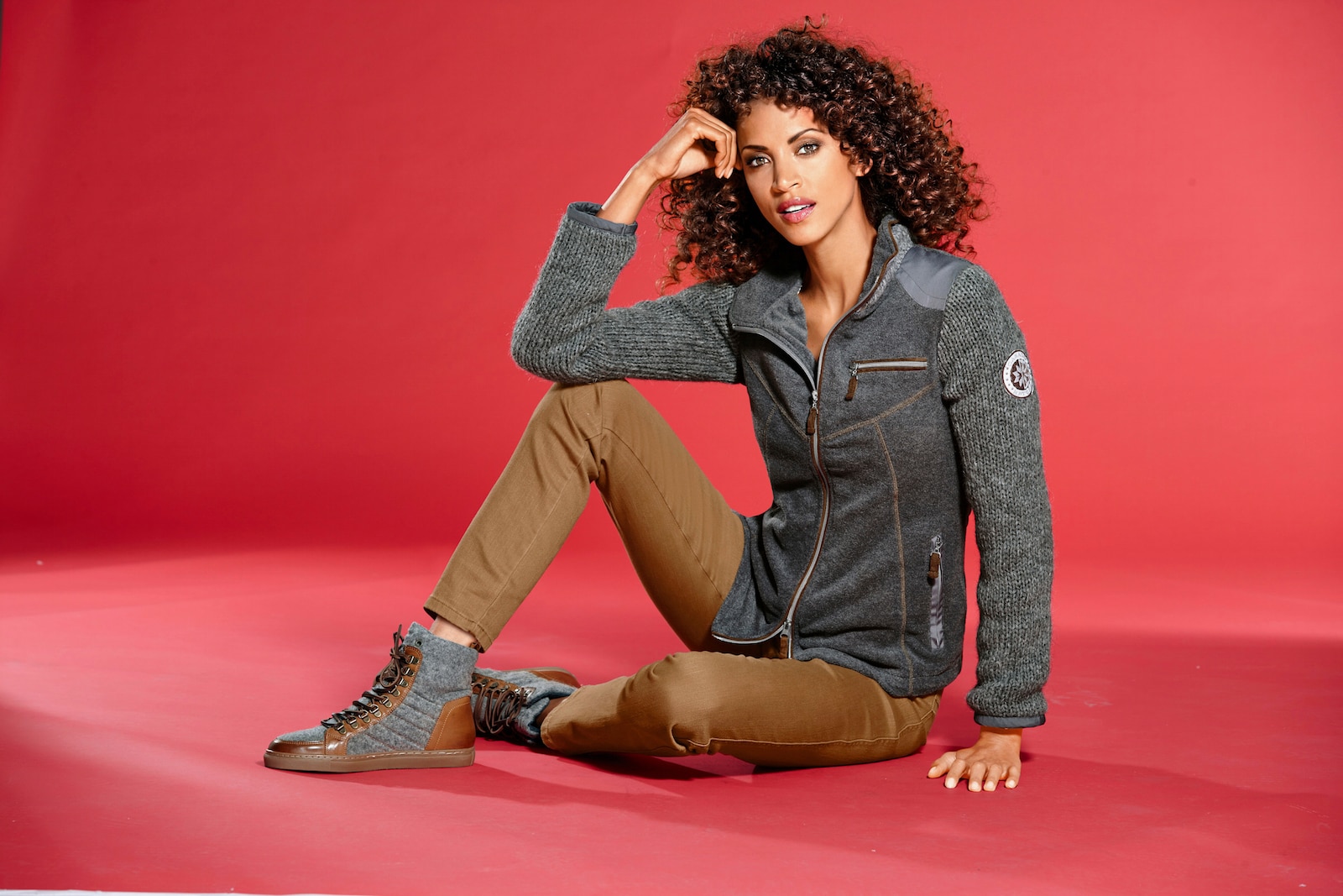 heine Fleecejack met gebreide mouwen - grijs