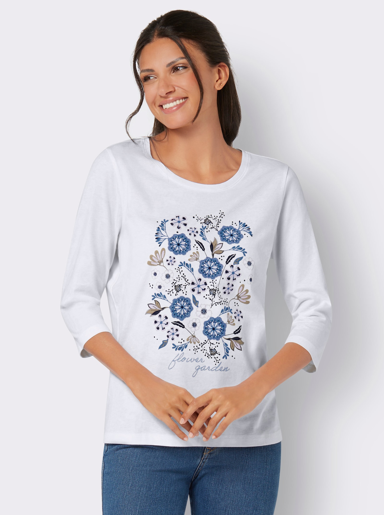 Tričko s 3/4 rukávem a květinovým motivem - ecru-topasová