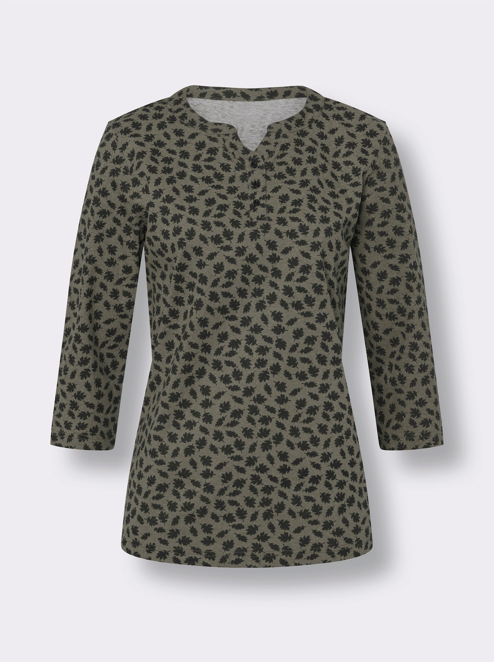 Shirt met 3/4-mouwen in bladerdessin - kaki/zwart bedrukt