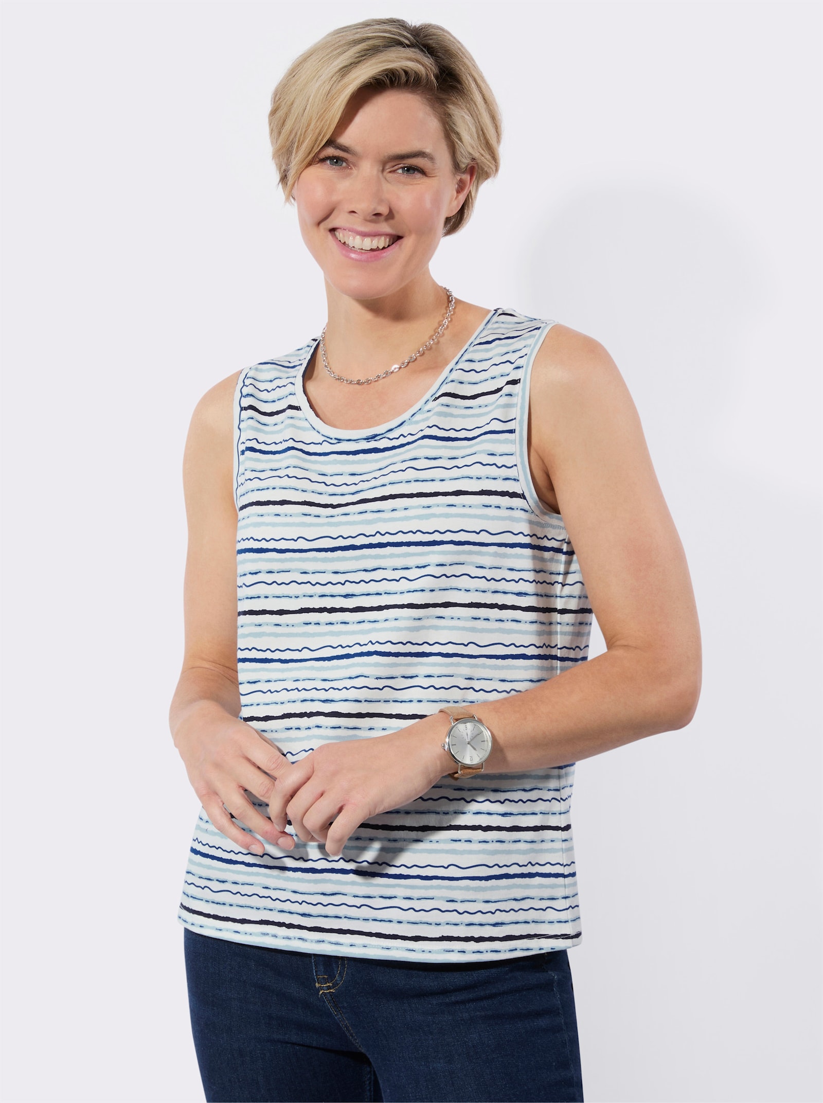 Shirttop paspelierte Abschlüsse - weiß-marine-bedruckt