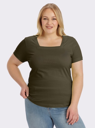 Kurzarmshirt mit Karree-Ausschnitt - oliv
