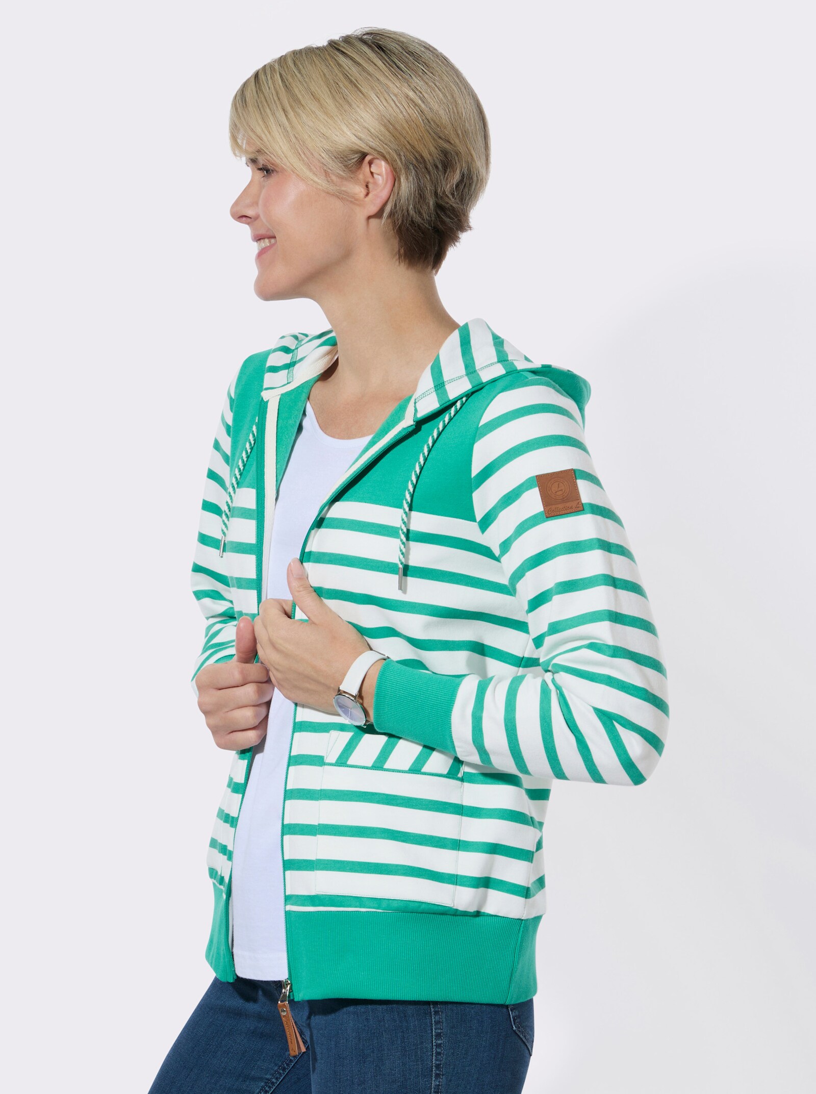 Shirtjacke mit schrägen Vordertaschen - smaragd-ecru-geringelt