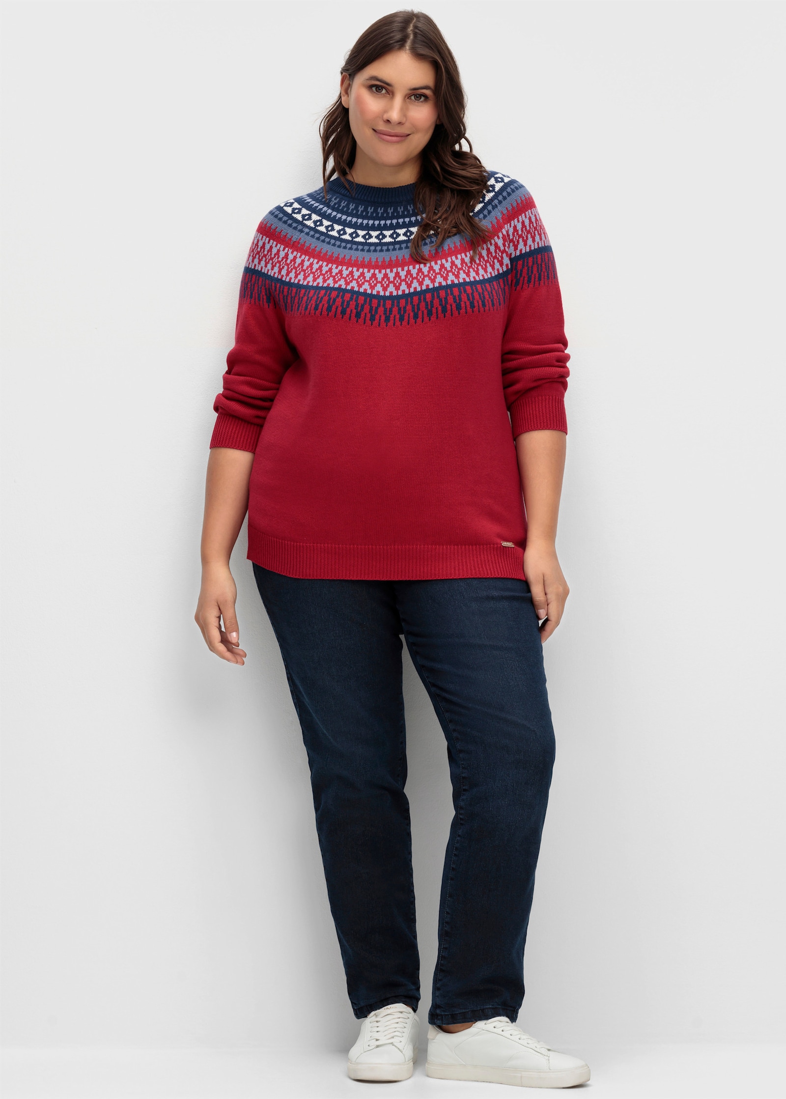 Norwegerpullover aus reiner Baumwolle - kirsche-nachtblau-gemustert