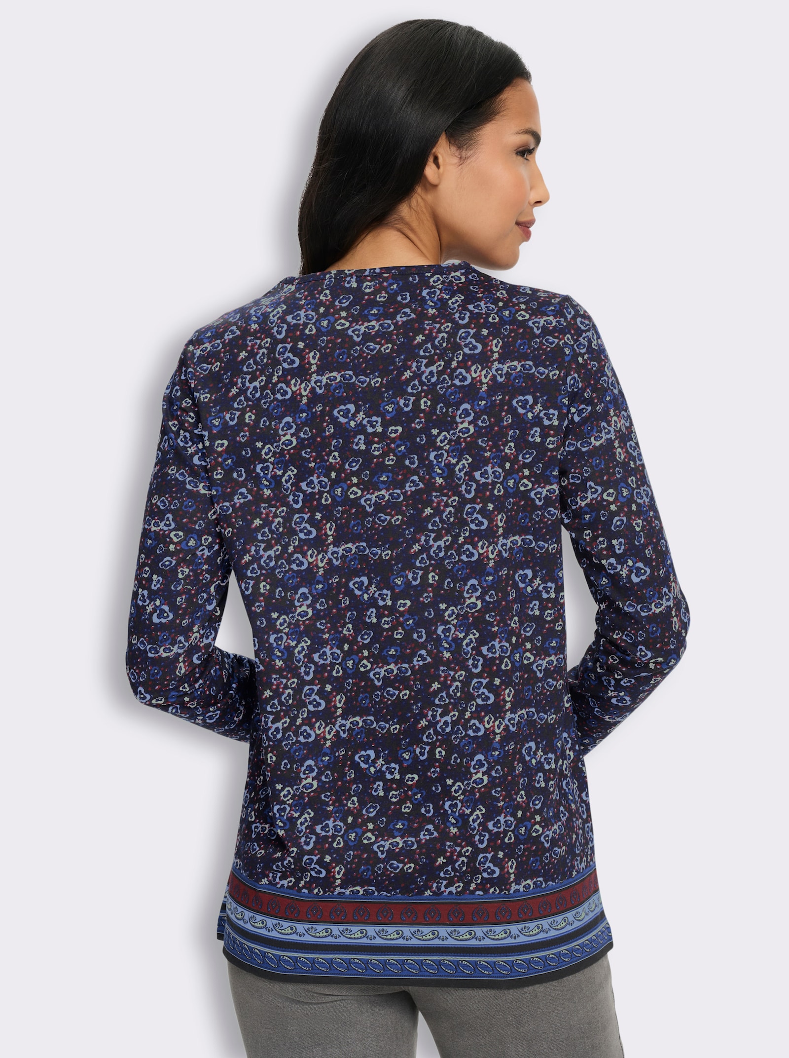 Longshirt mit Bordüren-Druck am Saum - schwarz-royalblau-bedruckt