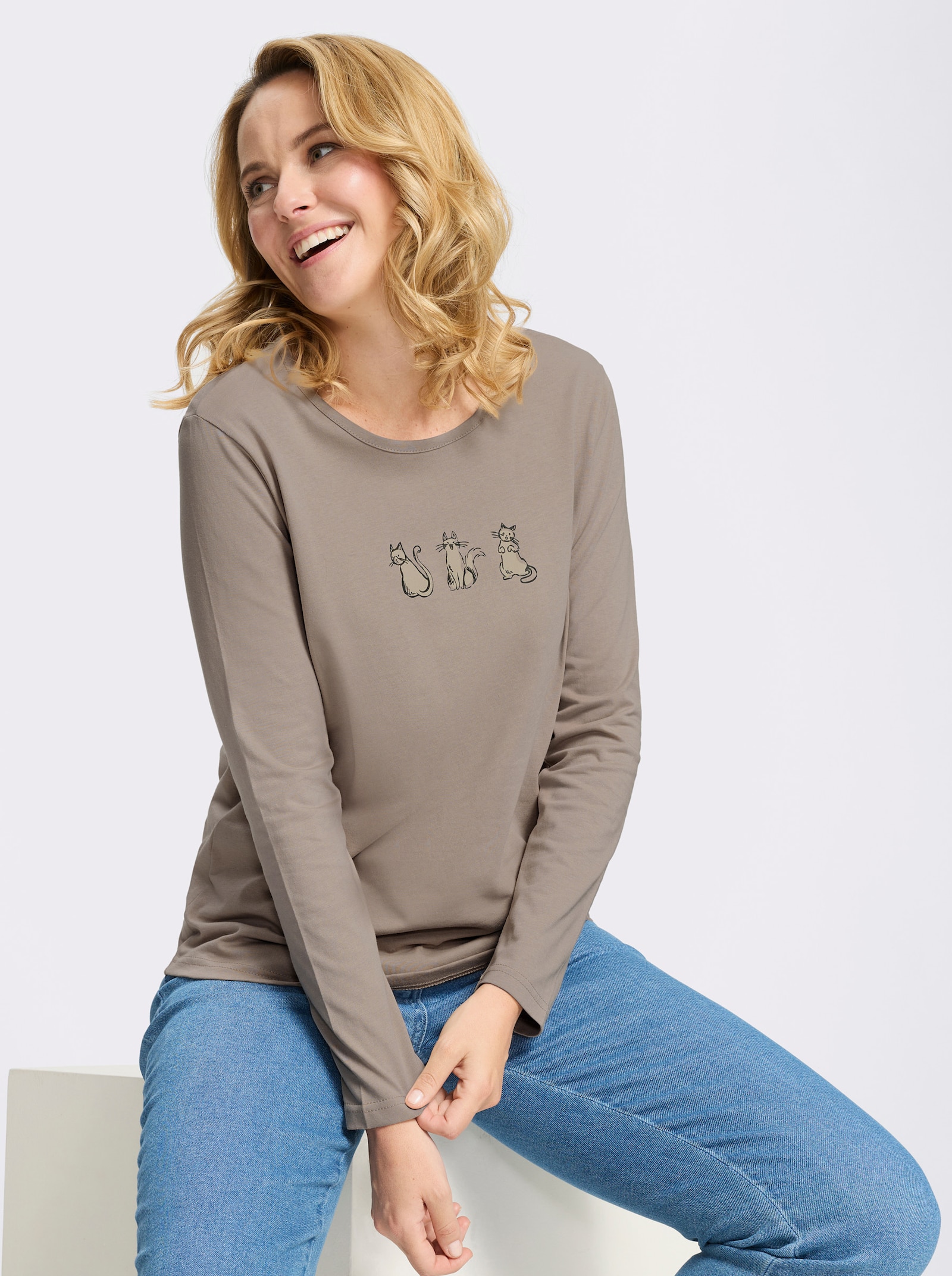 Rundhalsshirt mit Katzen-Motiv - sesam-sand