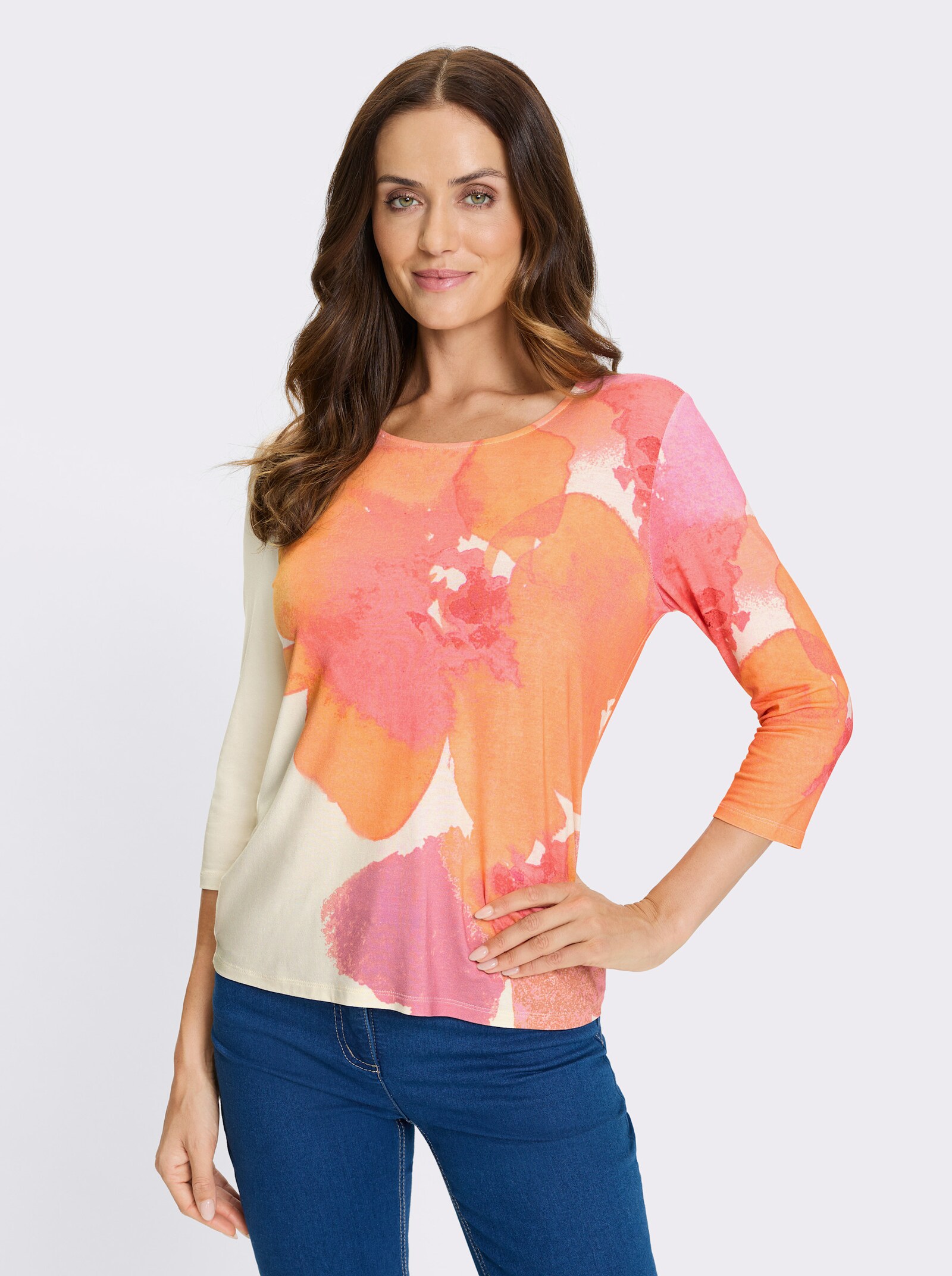 heine 3/4-Arm-Shirt mit floralem Druck - champagner-altrosa-bedruckt