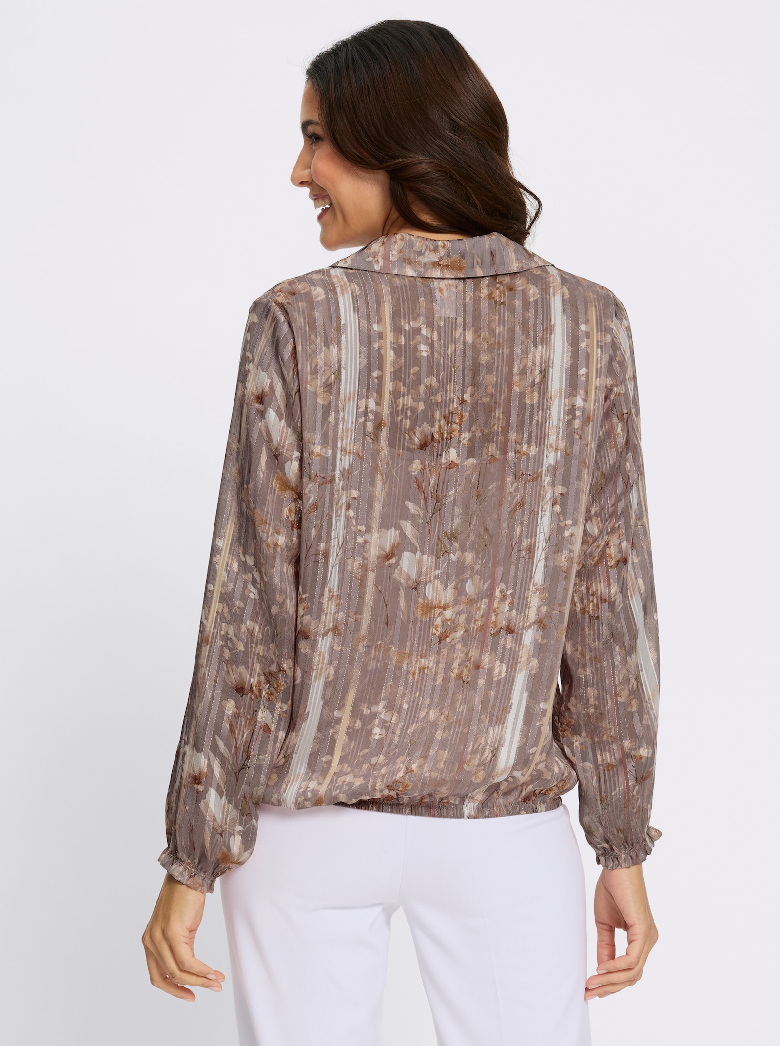 Schlupfbluse mit Glanzstreifen - schlamm-ecru-bedruckt