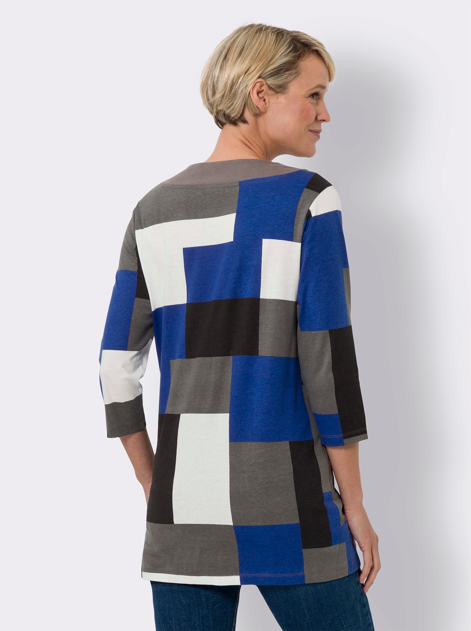 Lang shirt in A-lijn - zwart/koningsblauw bedrukt