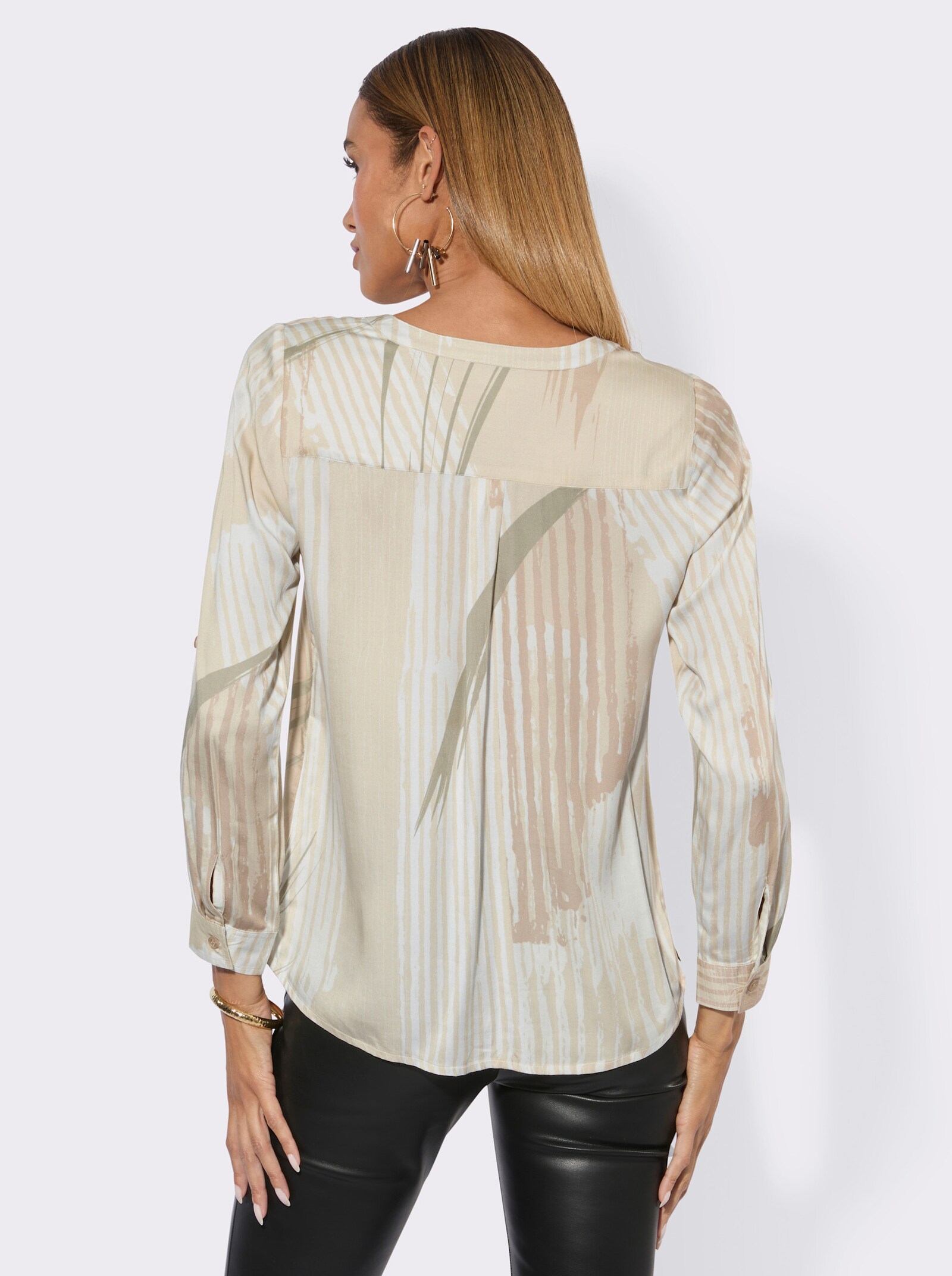 Druckbluse mit Krempelärmel - sand-beige-bedruckt