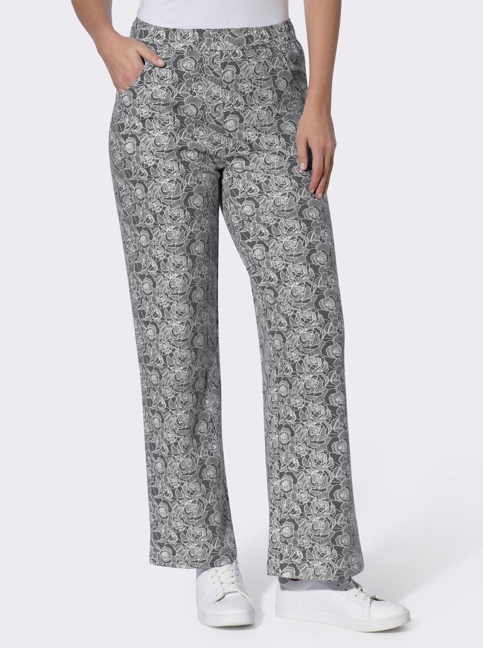 Freizeithose im floralen Dessin - anthrazit-ecru-bedruckt