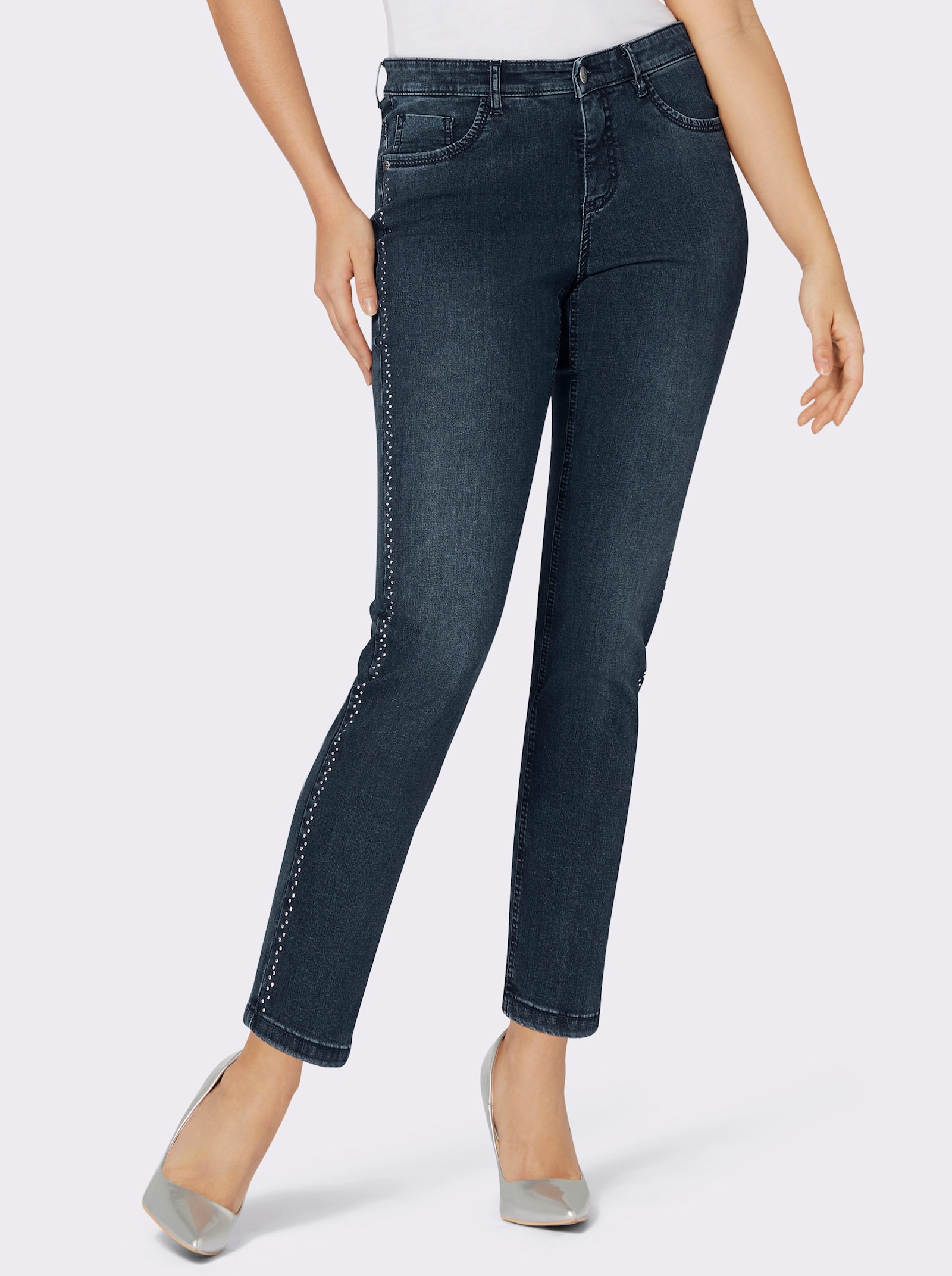Ascari 5-pocketjeans in stretchkwaliteit, met glittersteentjes - donkerblauw