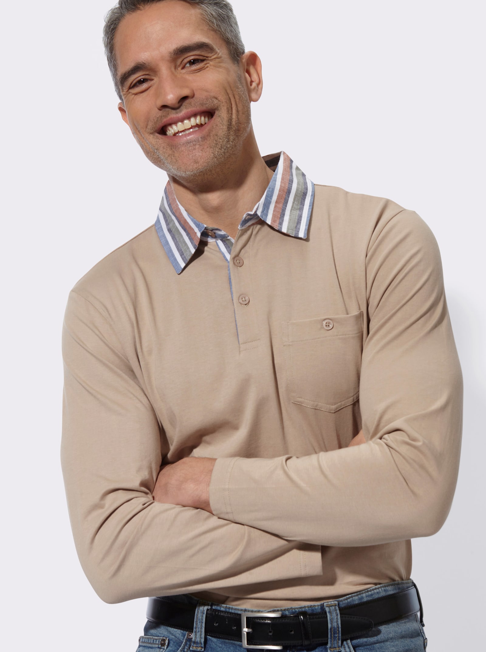Langarm-Poloshirt mit gewebtem Kragen - beige