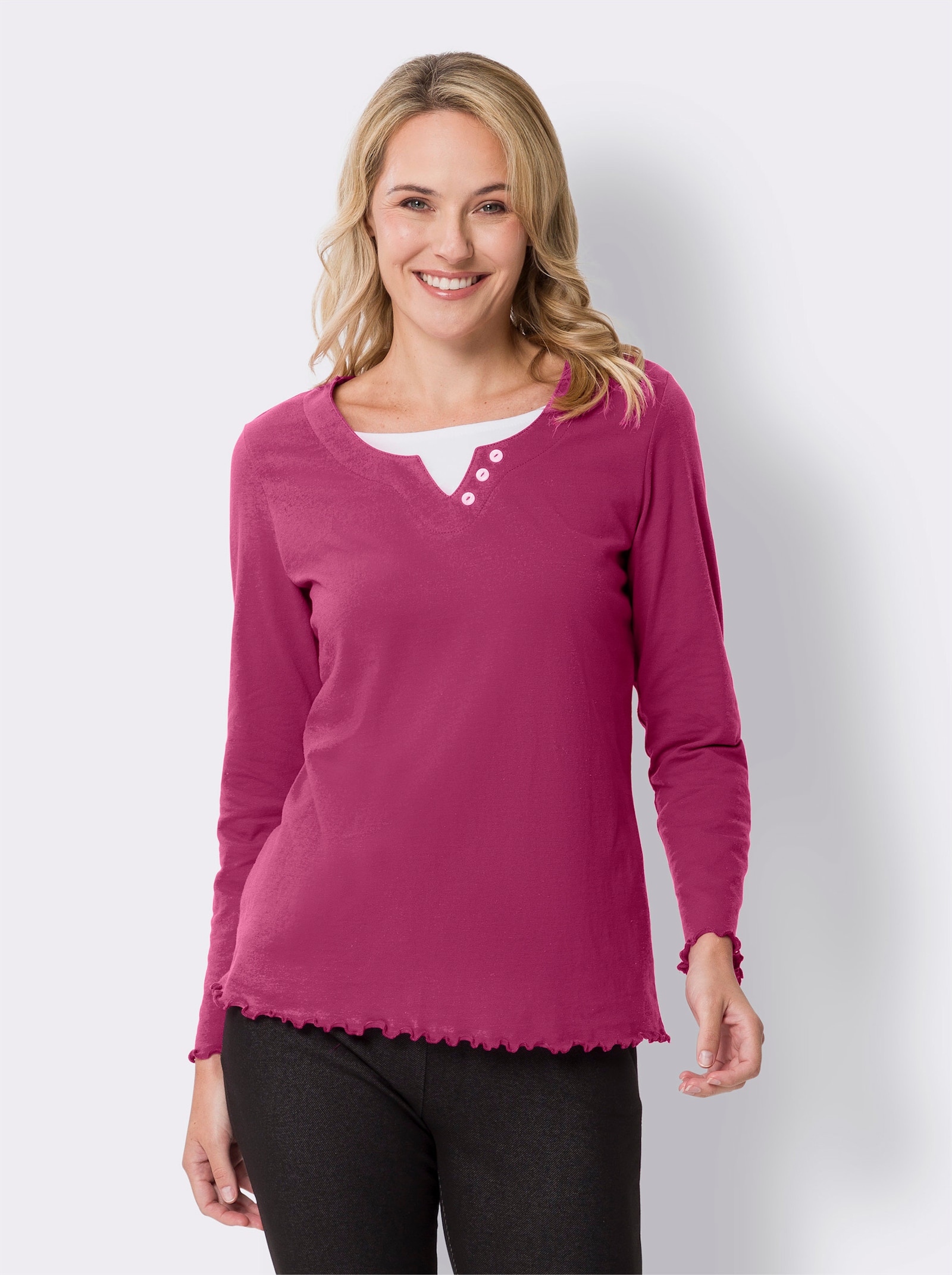 2-in-1-Langarmshirt mit gewellten Abschlüssen - magenta-weiss
