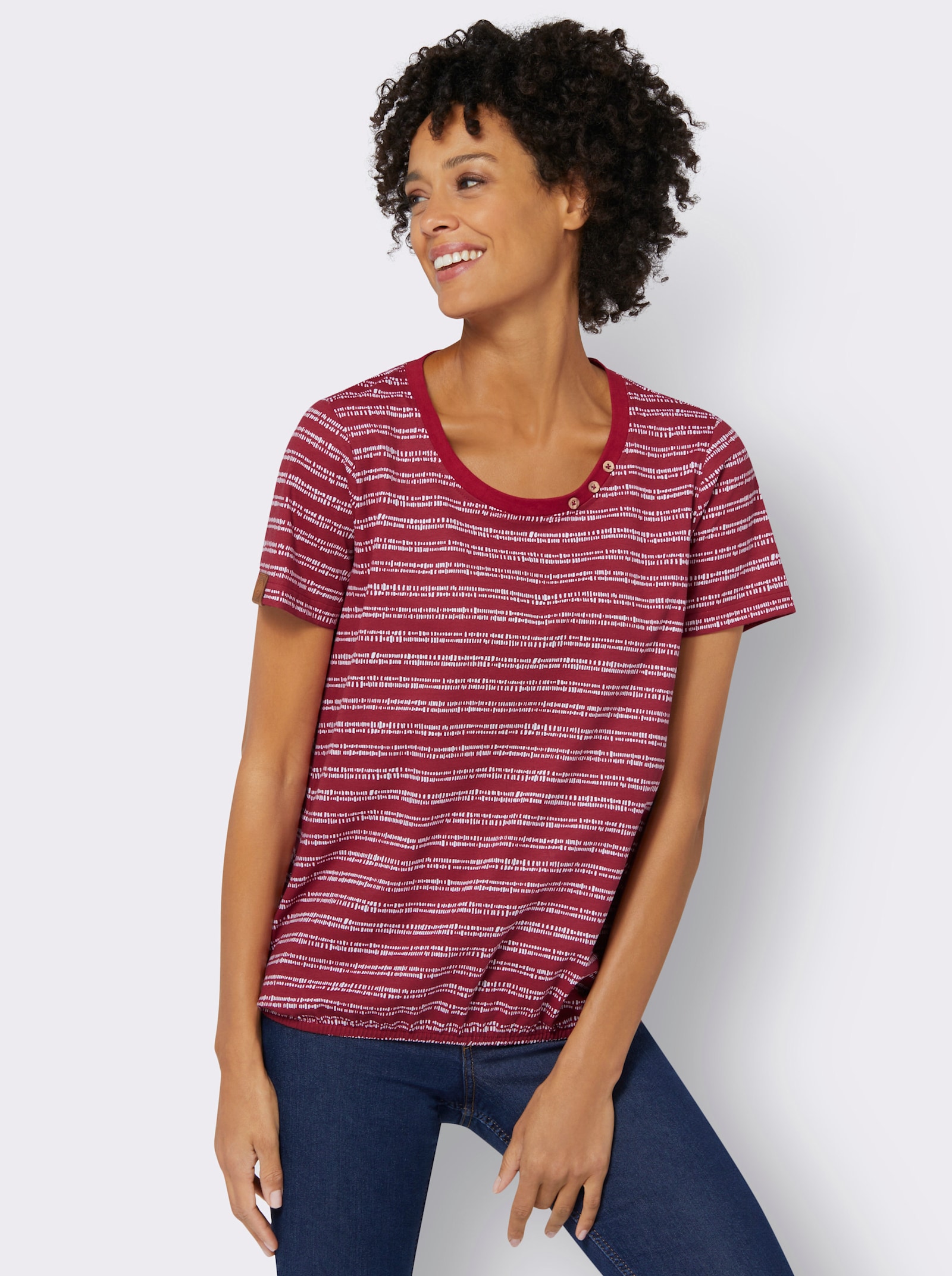 Kurzarmshirt mit Gummizug am Saum - kirsche-weiss-bedruckt