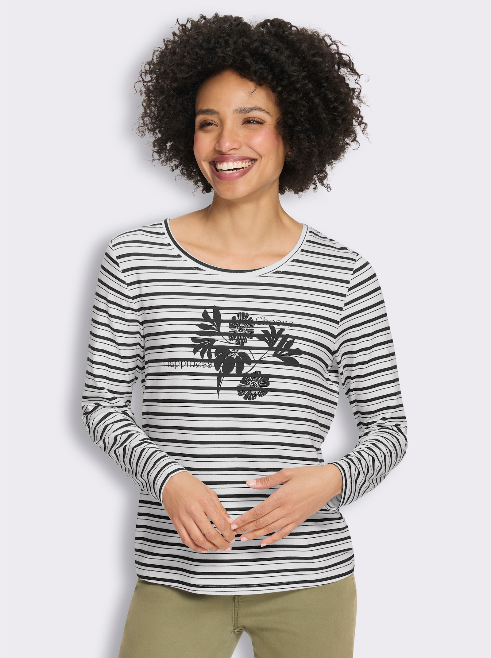 heine Langarmshirt mit Ringel- und Blüten-Print - schwarz-ecru-geringelt