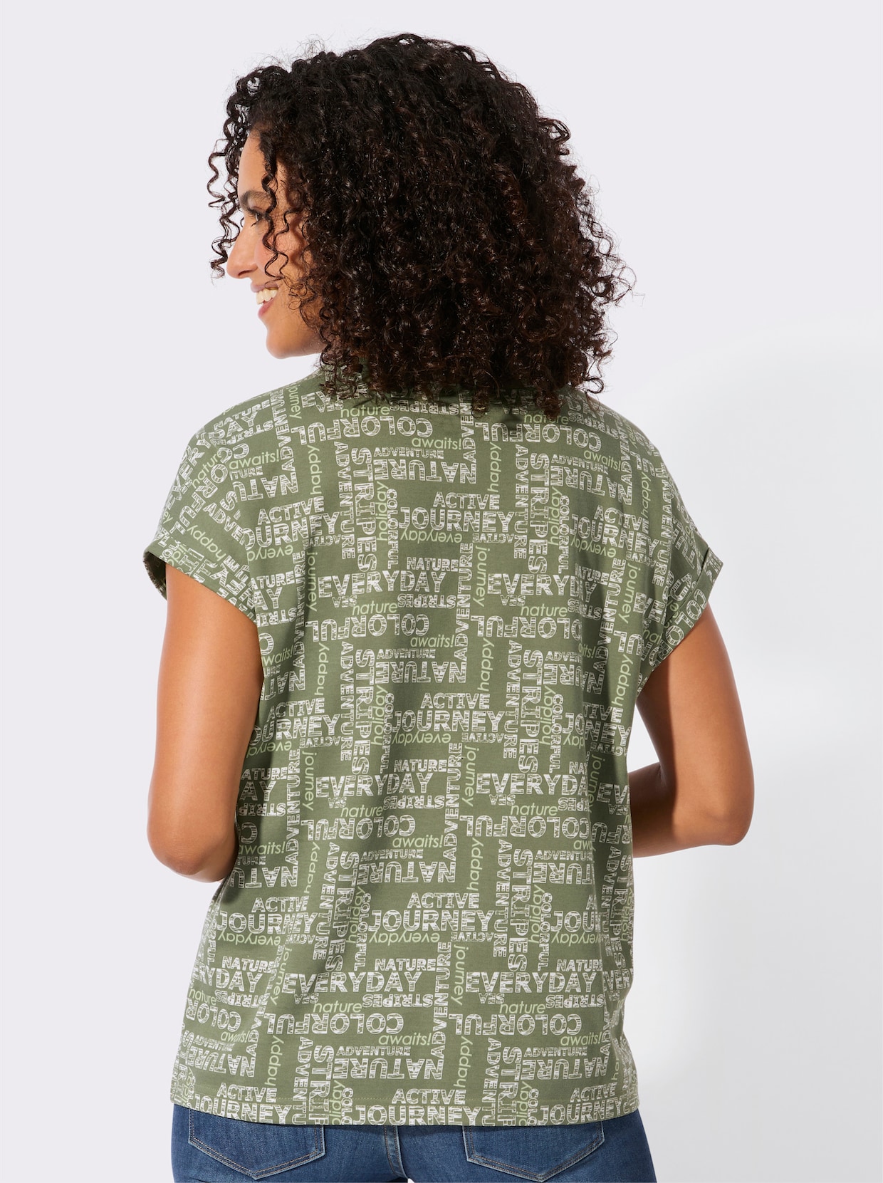Print-Shirt mit überschnittenen Schultern - khaki-ecru-bedruckt