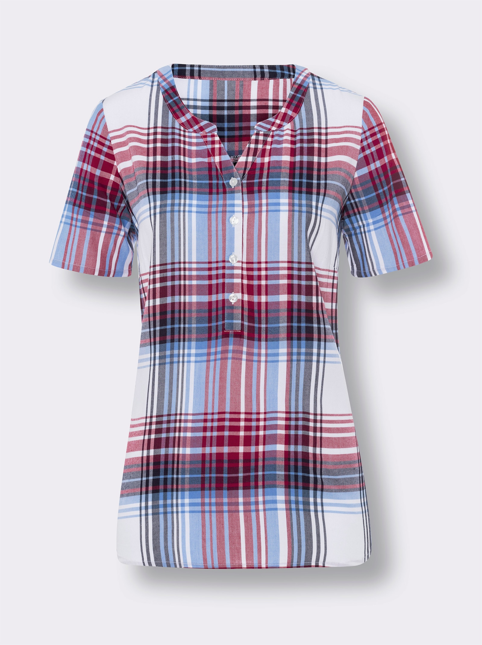 Karobluse aus reiner Viskose - rot-himmelblau-kariert