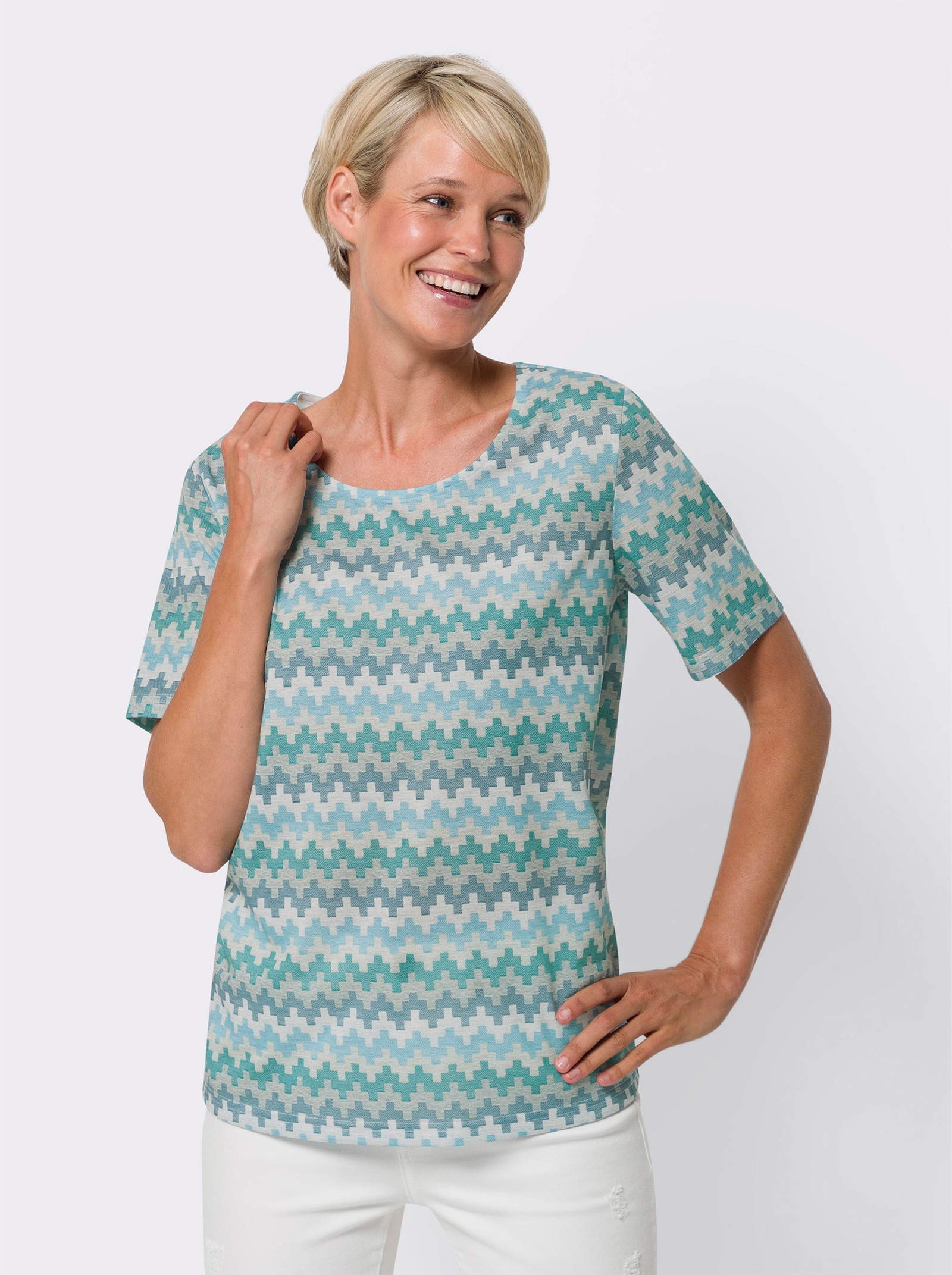 Tričko, kr. rukávy, cikcak vzor, ľahká údržba - akvamarínovo-smaragdová potlač