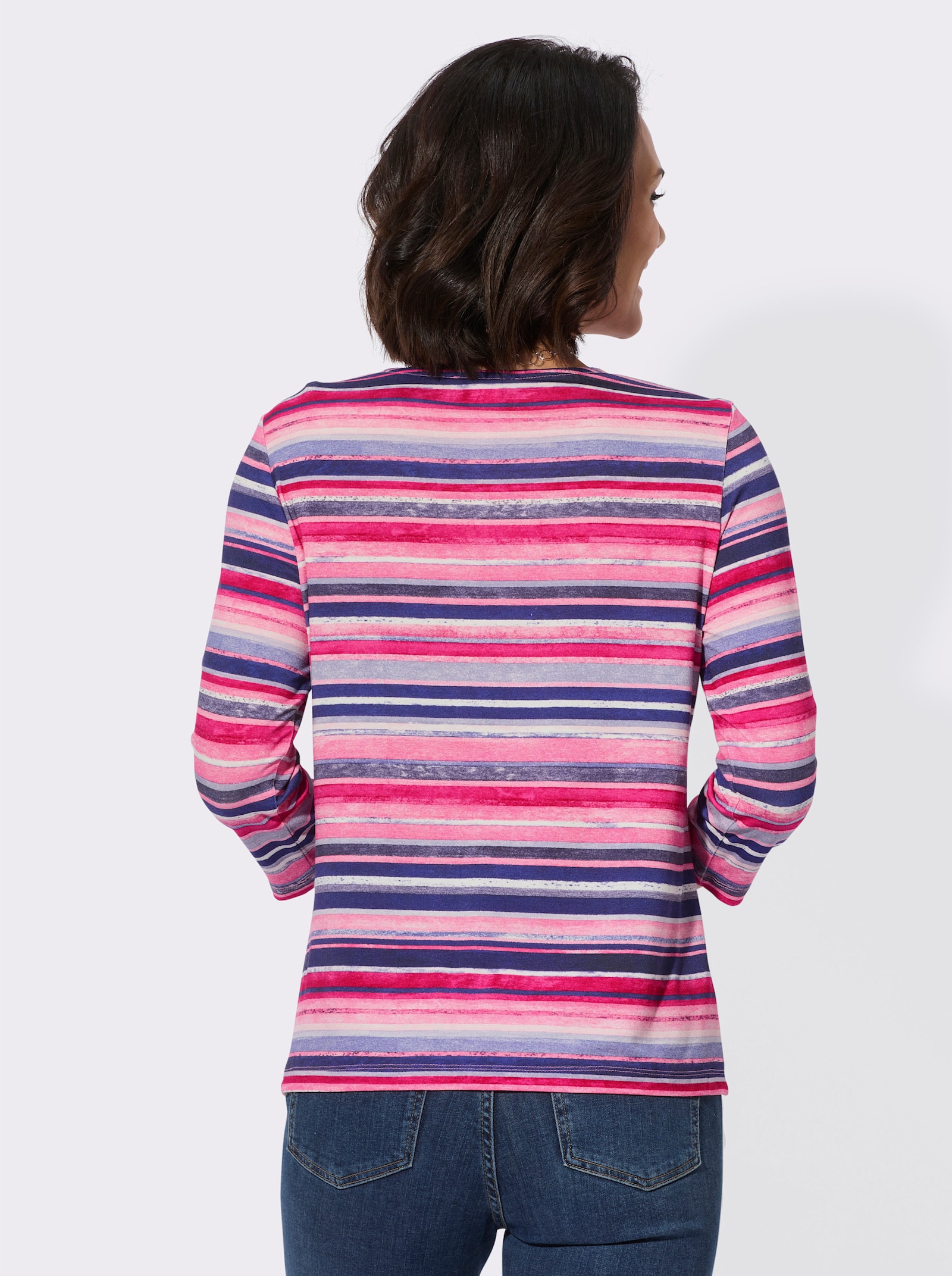 Rundhalsshirt mit 3/4-Ärmeln - altrosa-jeansblau-geringelt