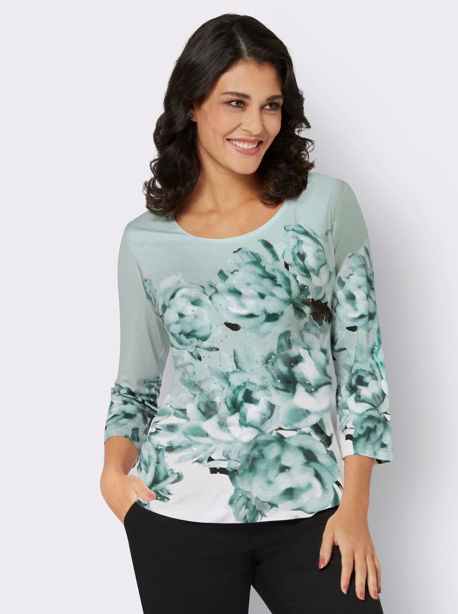 3/4-Arm-Shirt mit Glitzersteinchen - weiß-kalkmint-bedruckt