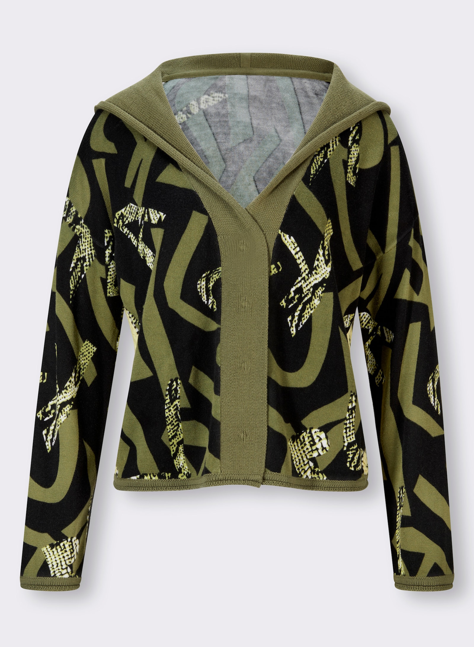 heine Veste en tricot à capuche avec patte de boutonnage invisible - olive-noir imprimé