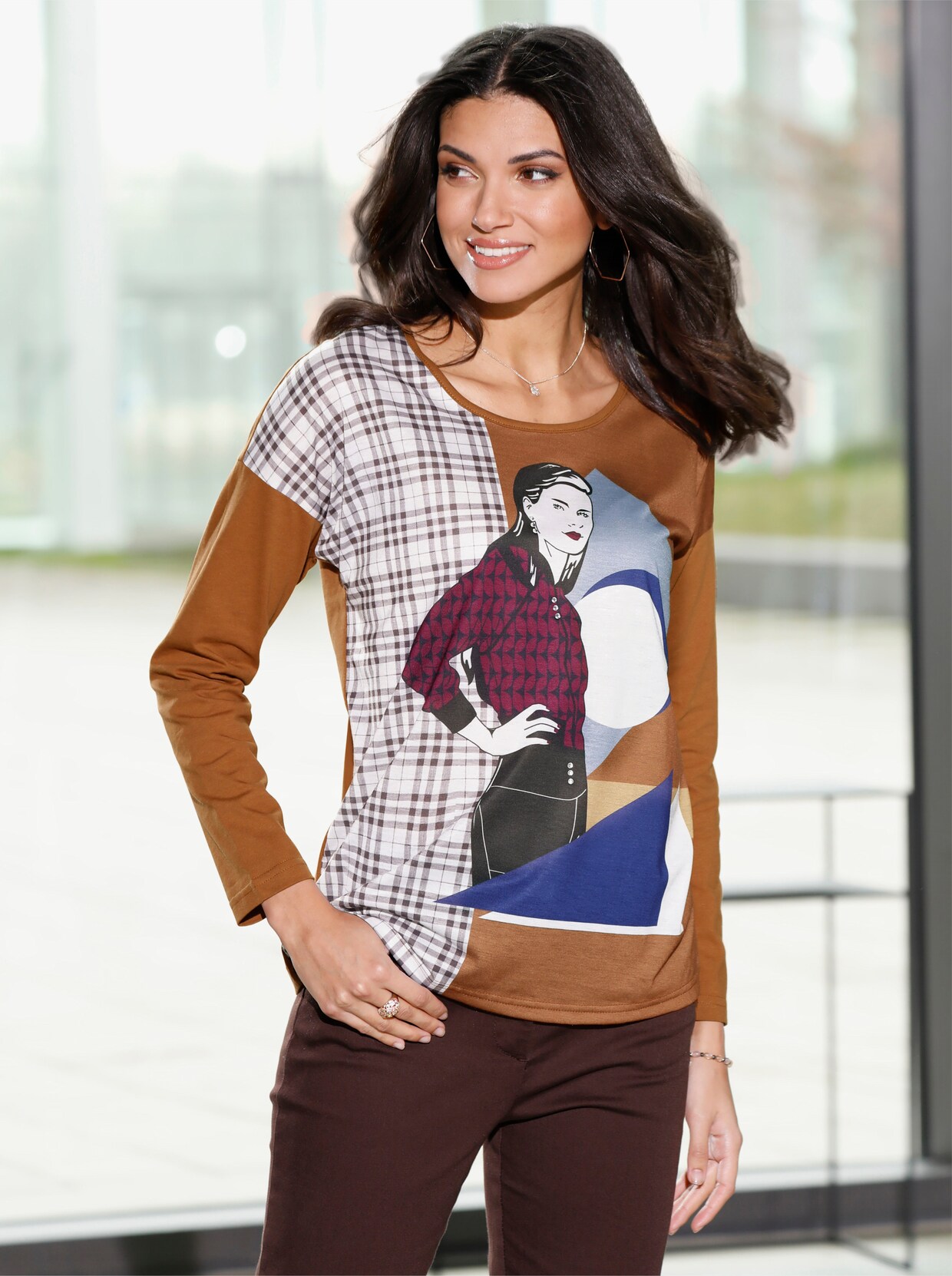 Rundhalsshirt - cognac-bedruckt
