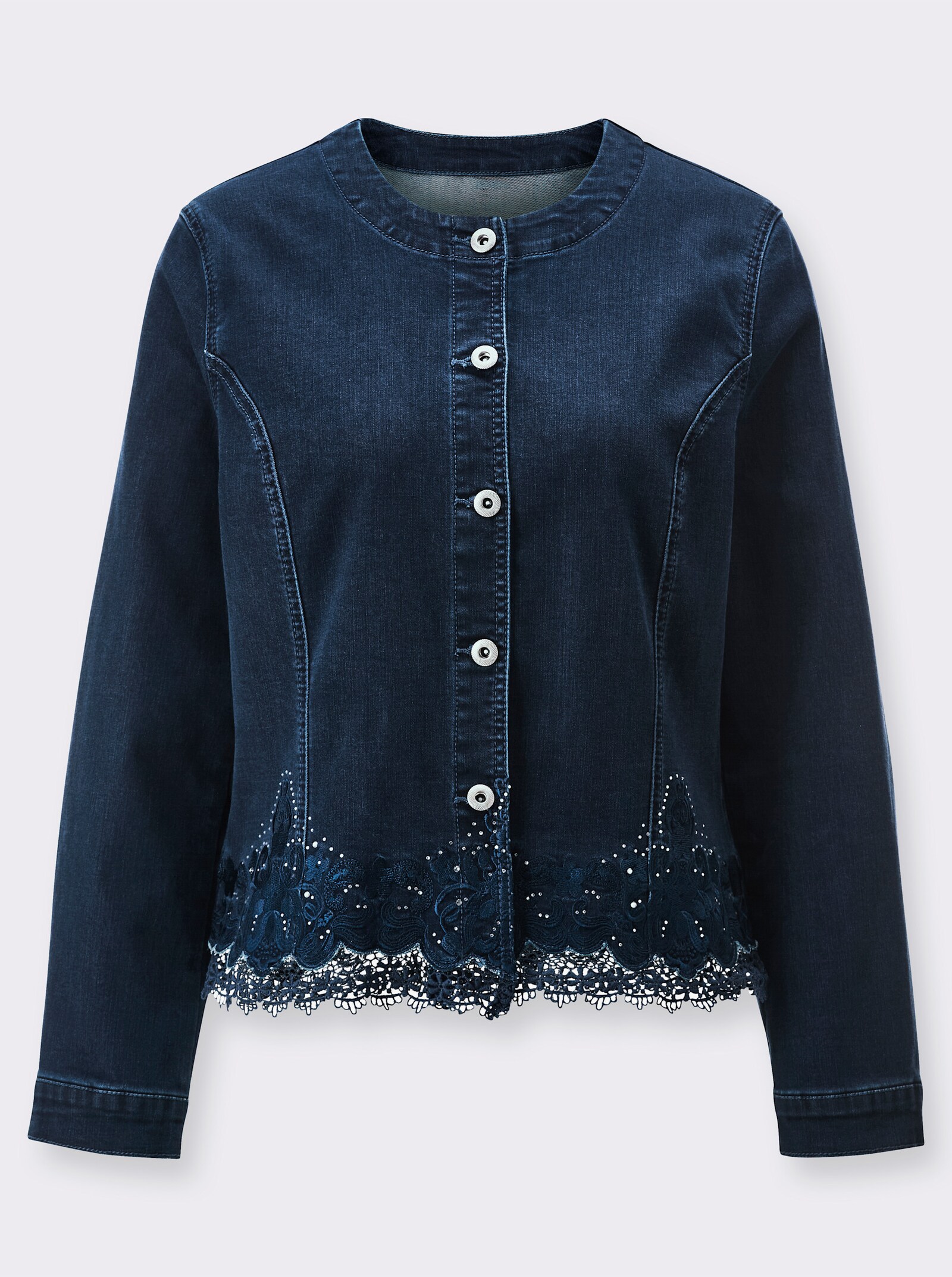 Jeansblazer mit Spitzenbordüre und Glitzersteinchen - blue-stone-washed