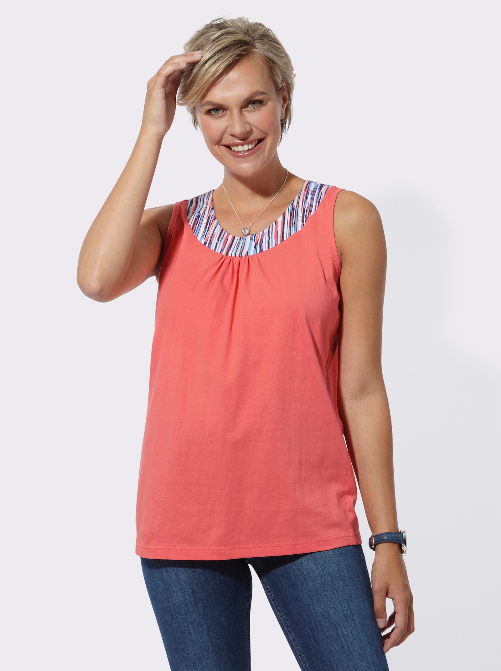 Longtop mit Raffung am Rundhals-Ausschnitt - koralle