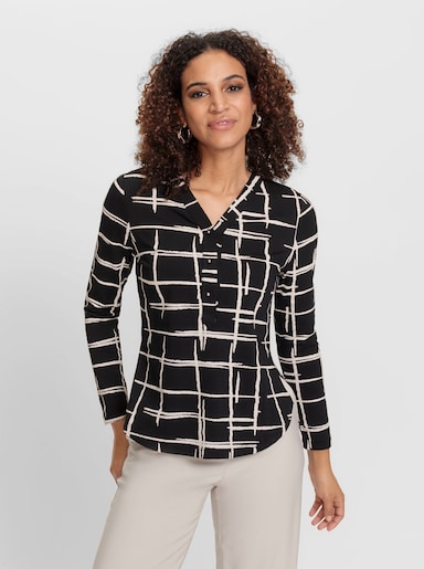 Langarmshirt mit Grafik-Print, Baumwolle - schwarz-ecru