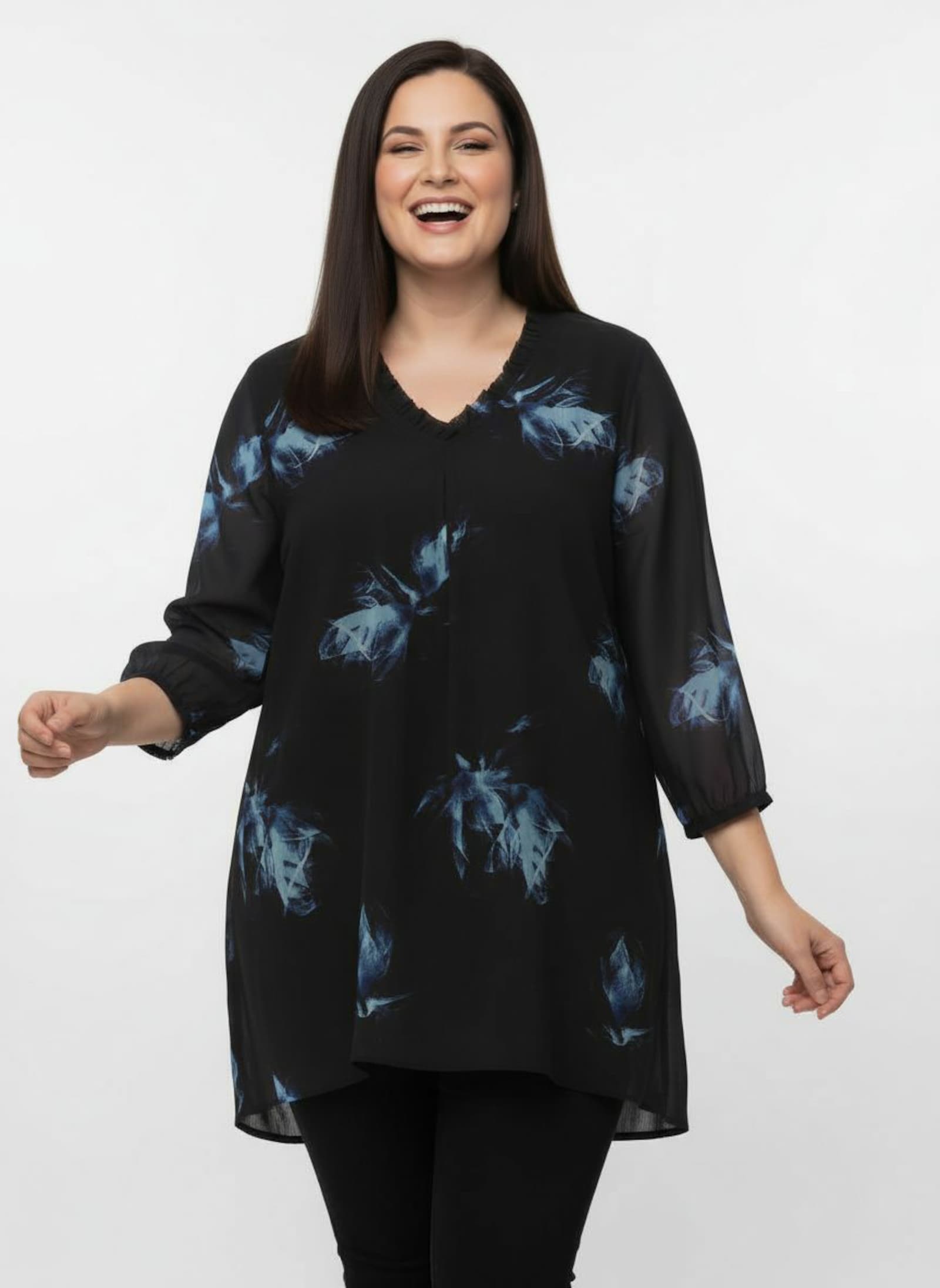 Tunika mit Rüschen am Ausschnitt - schwarz-aquamarin-bedruckt