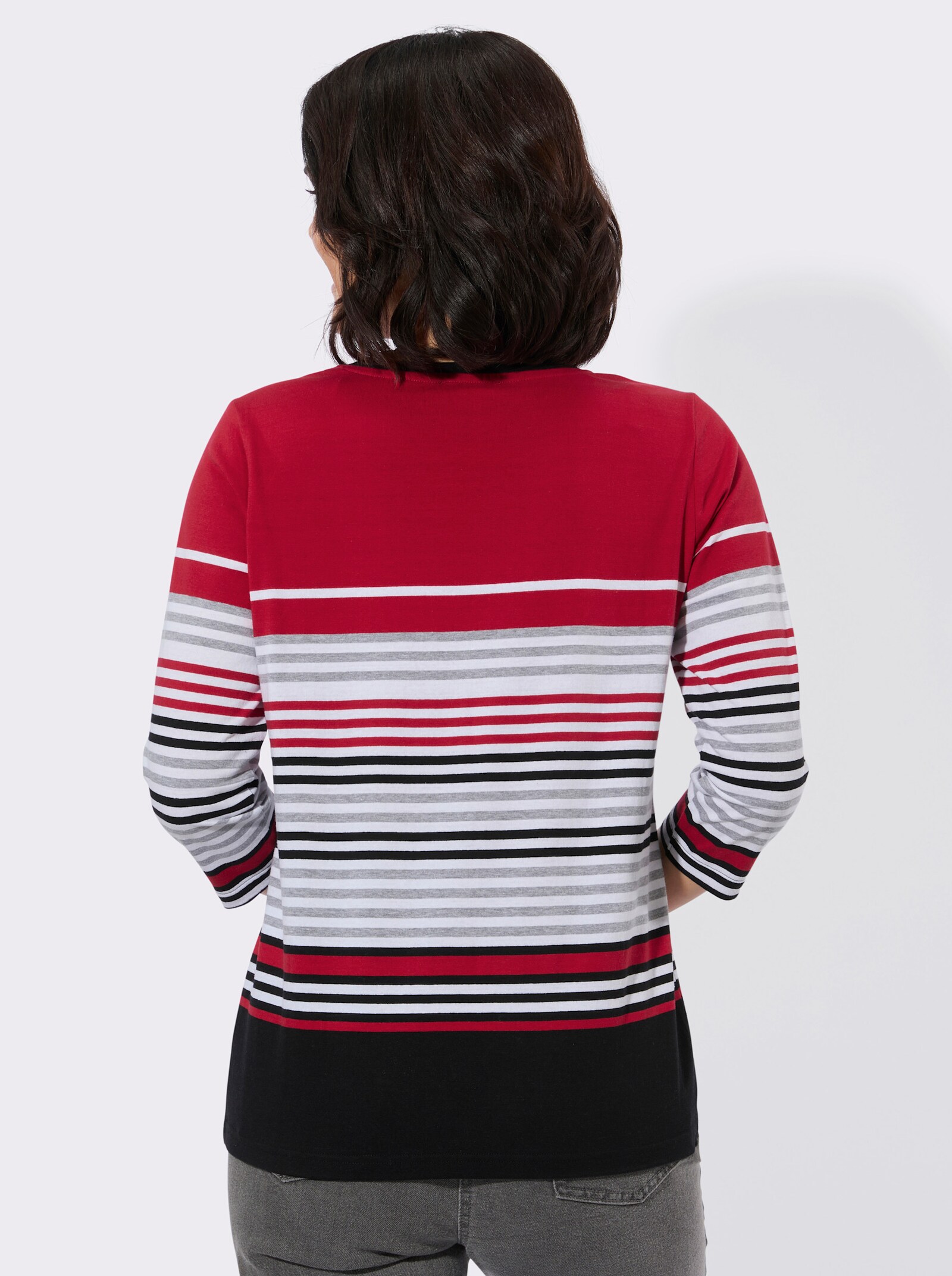Rundhalsshirt mit 3/4-Ärmeln - rot-weiß-geringelt