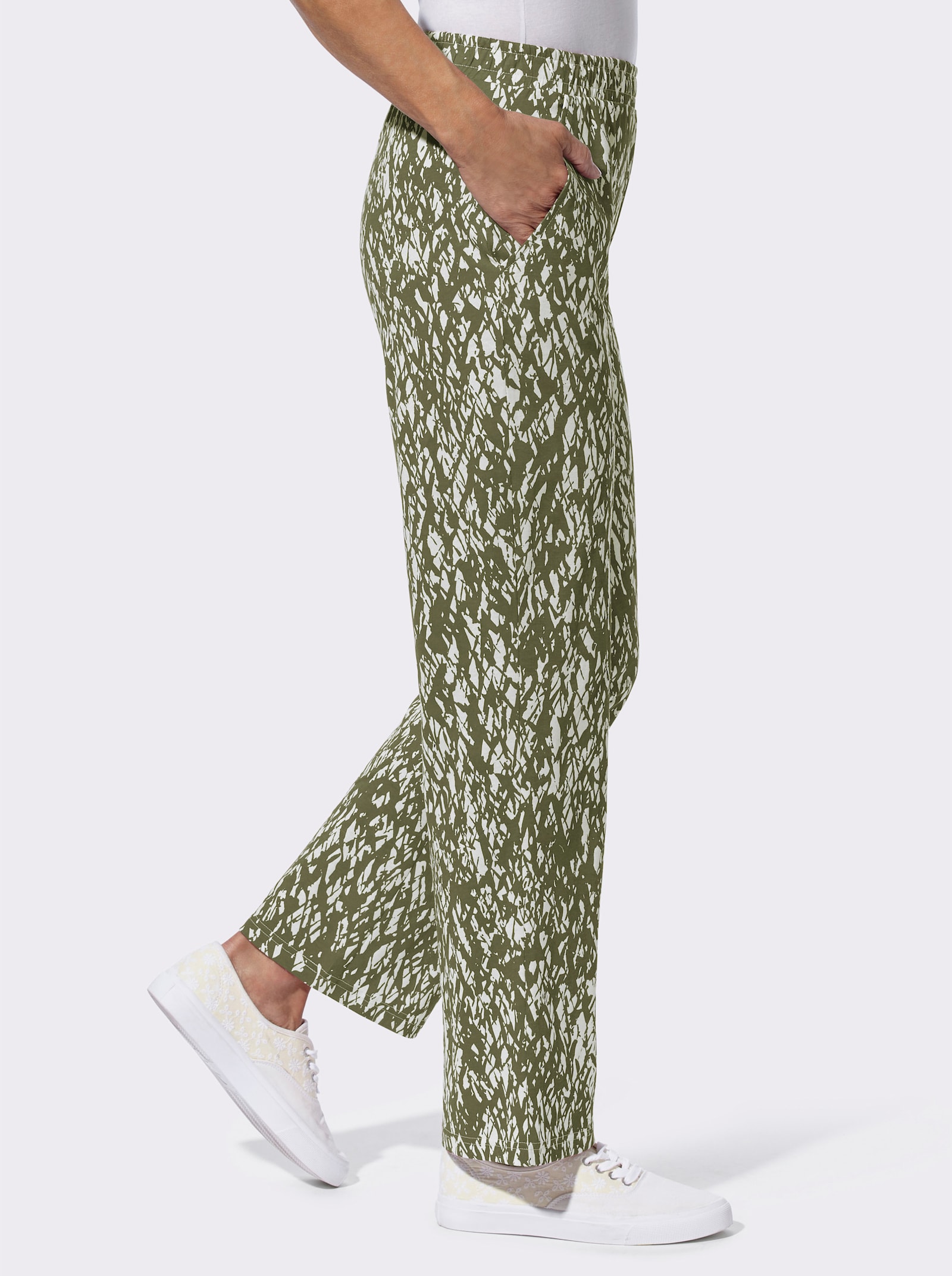 Vrijetijdsbroek met twee zakken, bedrukt - olijf/ecru bedrukt