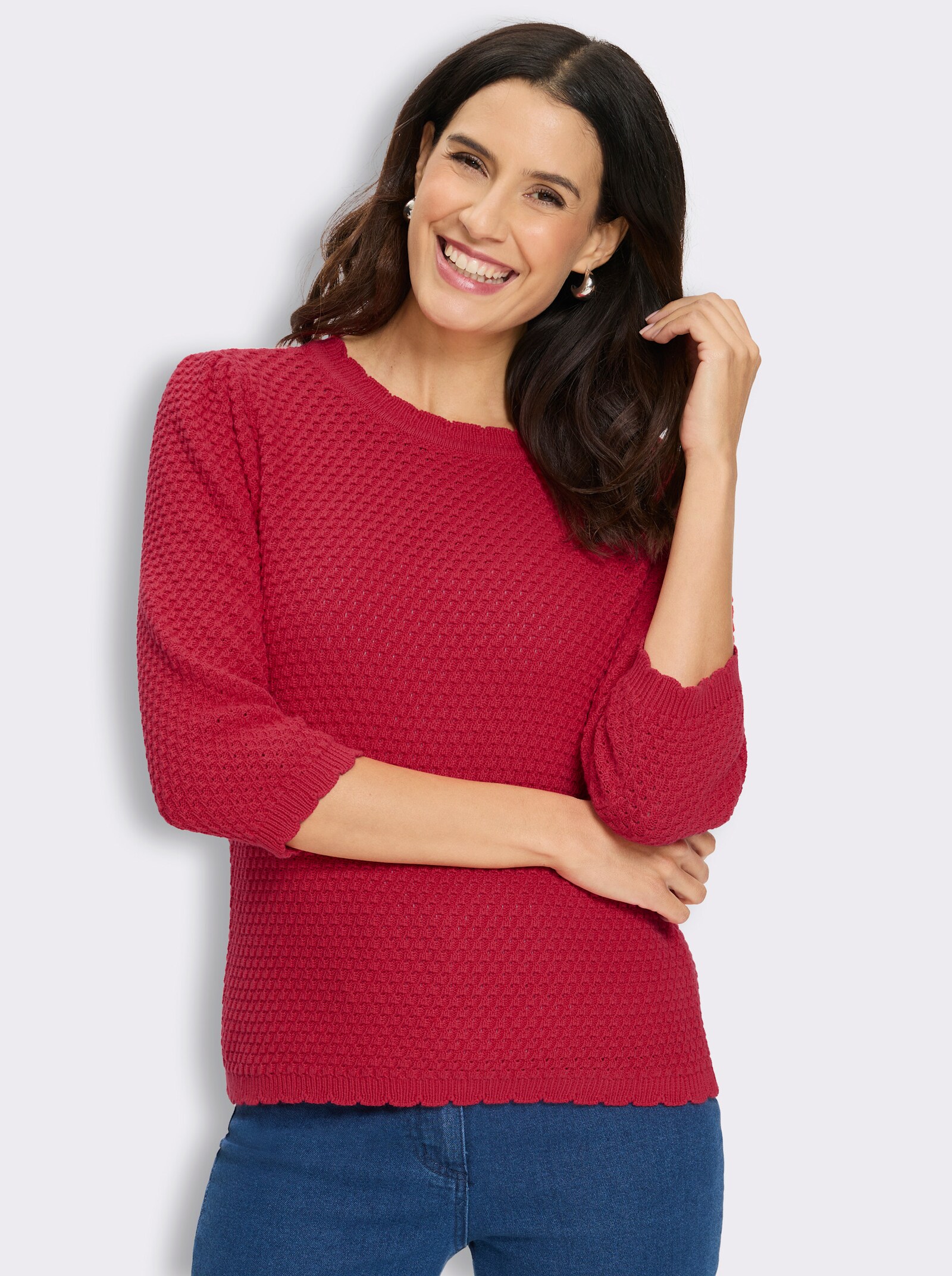 3/4-Arm-Pullover mit Struktur-Strickmuster - erdbeere