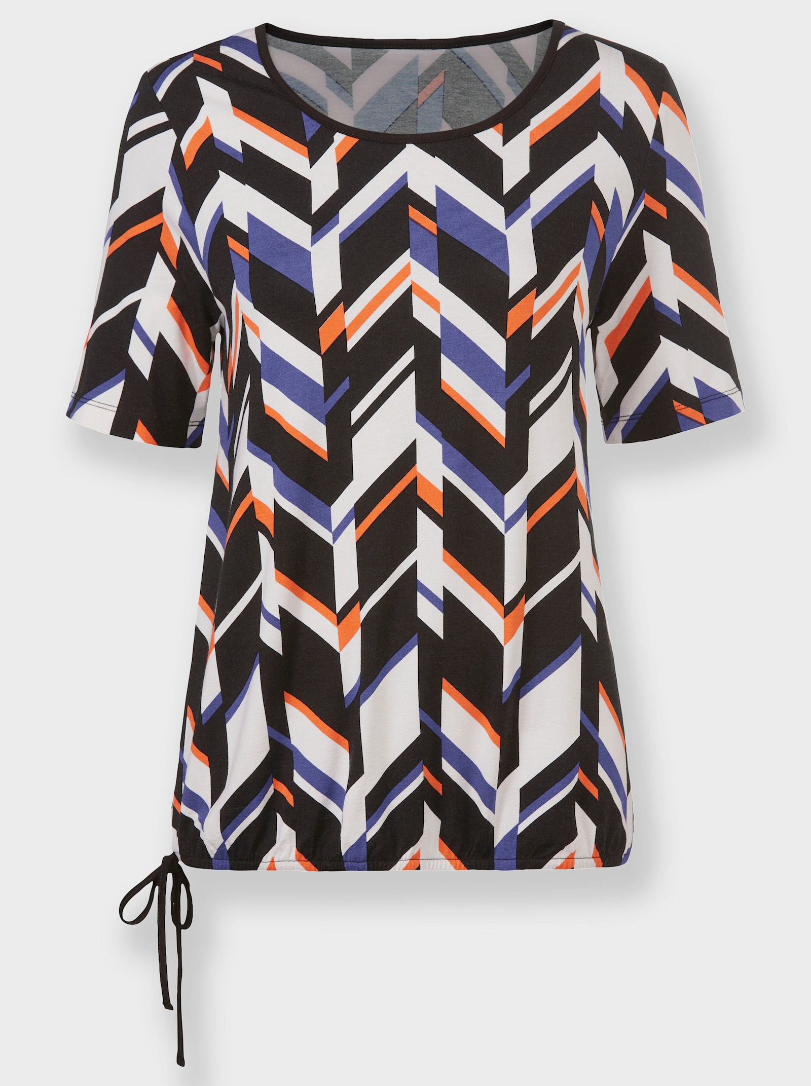 Shirt mit Gummizug am Saum - ecru-royalblau-bedruckt