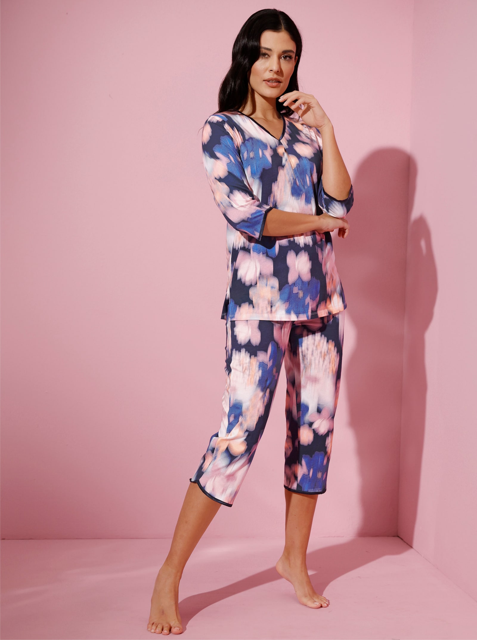 wäschepur Schlafanzug mit Satin-Paspel - marine-hellrosé-bedruckt